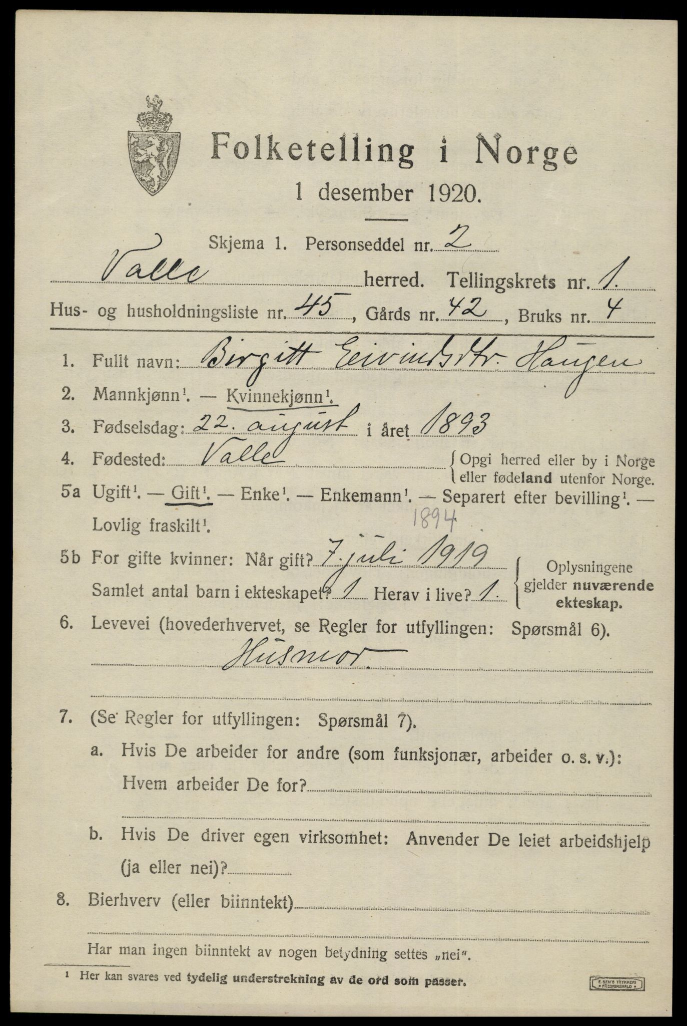 SAK, 1920 census for Valle, 1920, p. 949