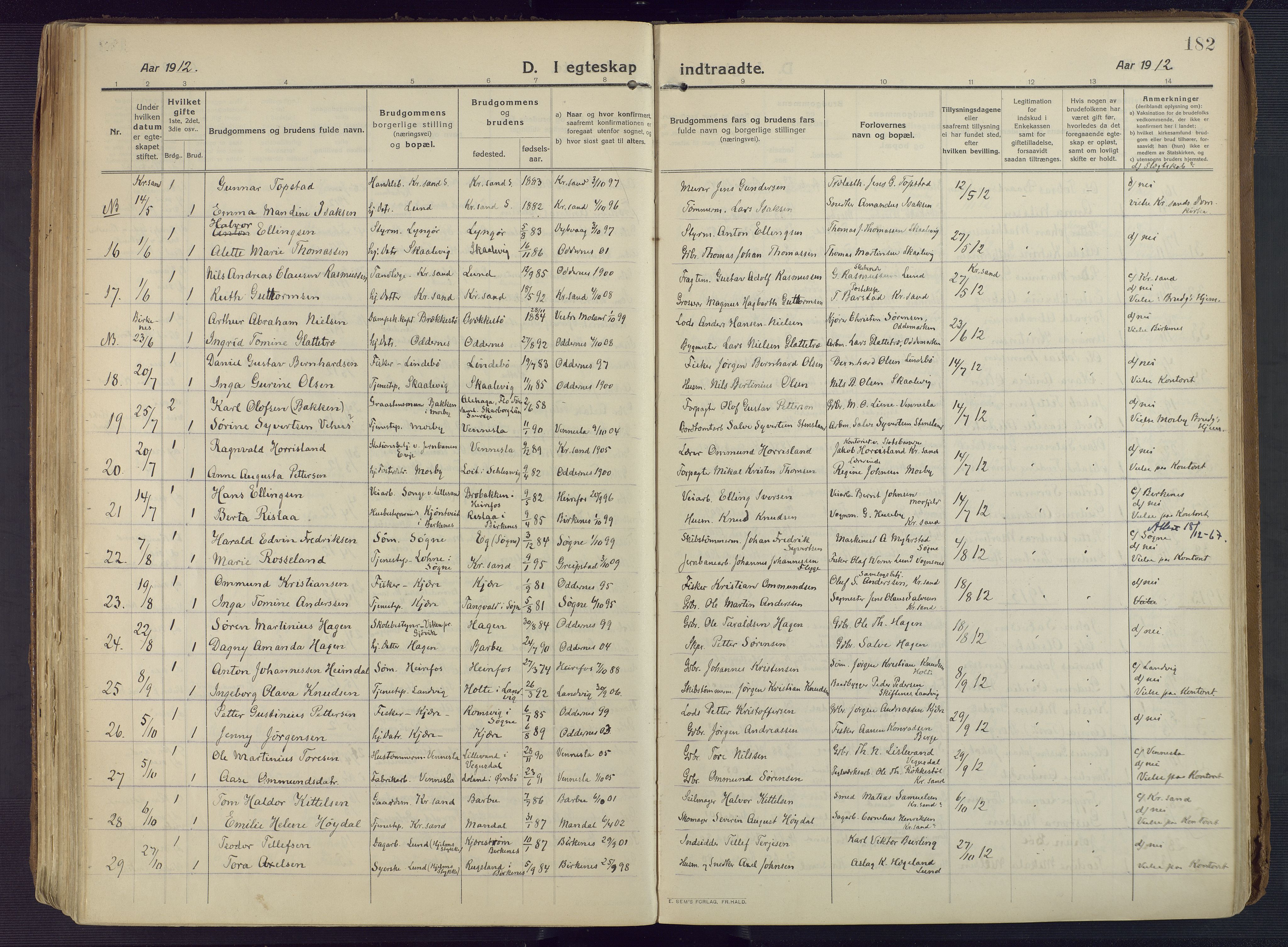 Oddernes sokneprestkontor, AV/SAK-1111-0033/F/Fa/Faa/L0012: Parish register (official) no. A 12, 1912-1925, p. 182