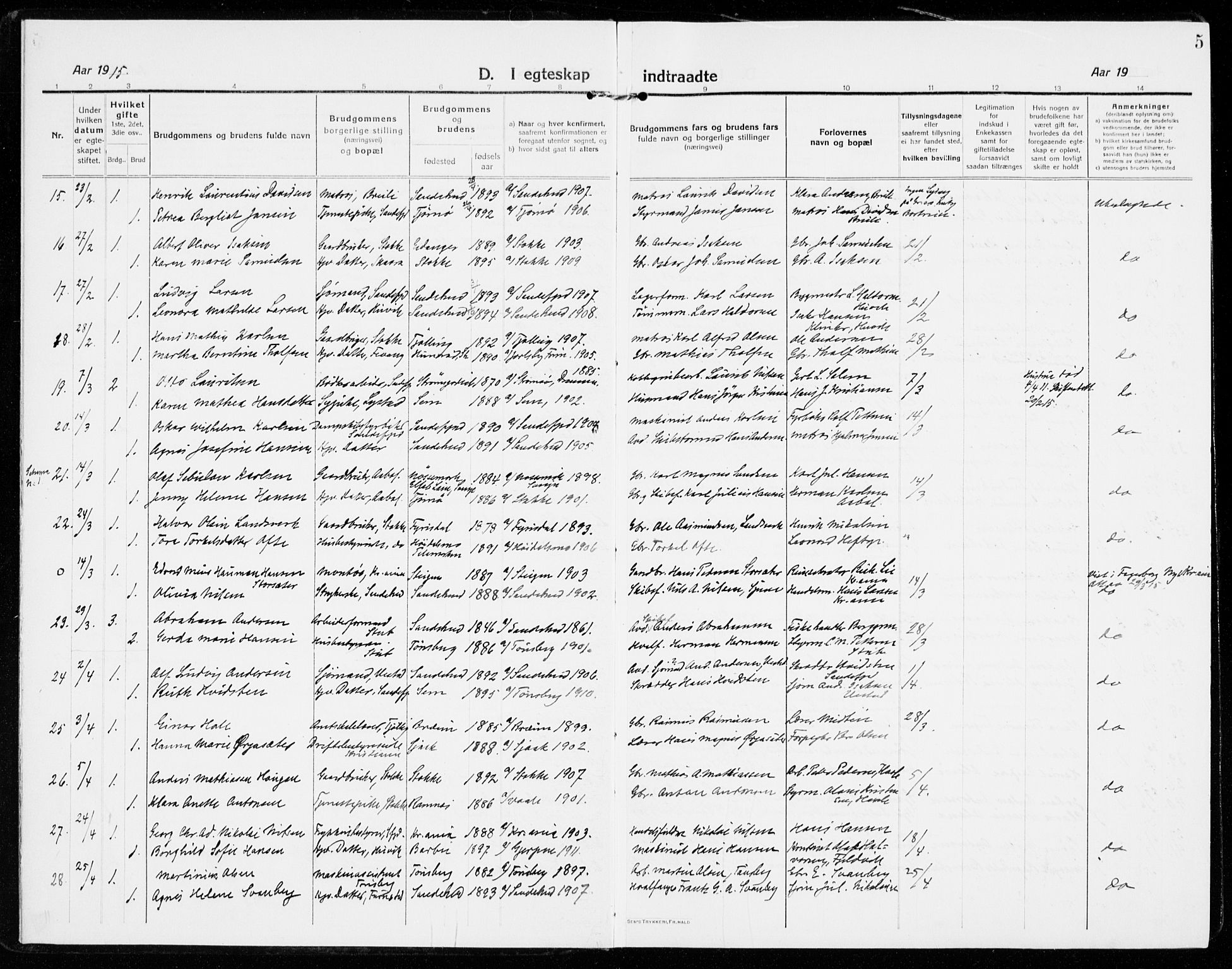 Sandar kirkebøker, SAKO/A-243/F/Fa/L0020: Parish register (official) no. 20, 1915-1919, p. 5