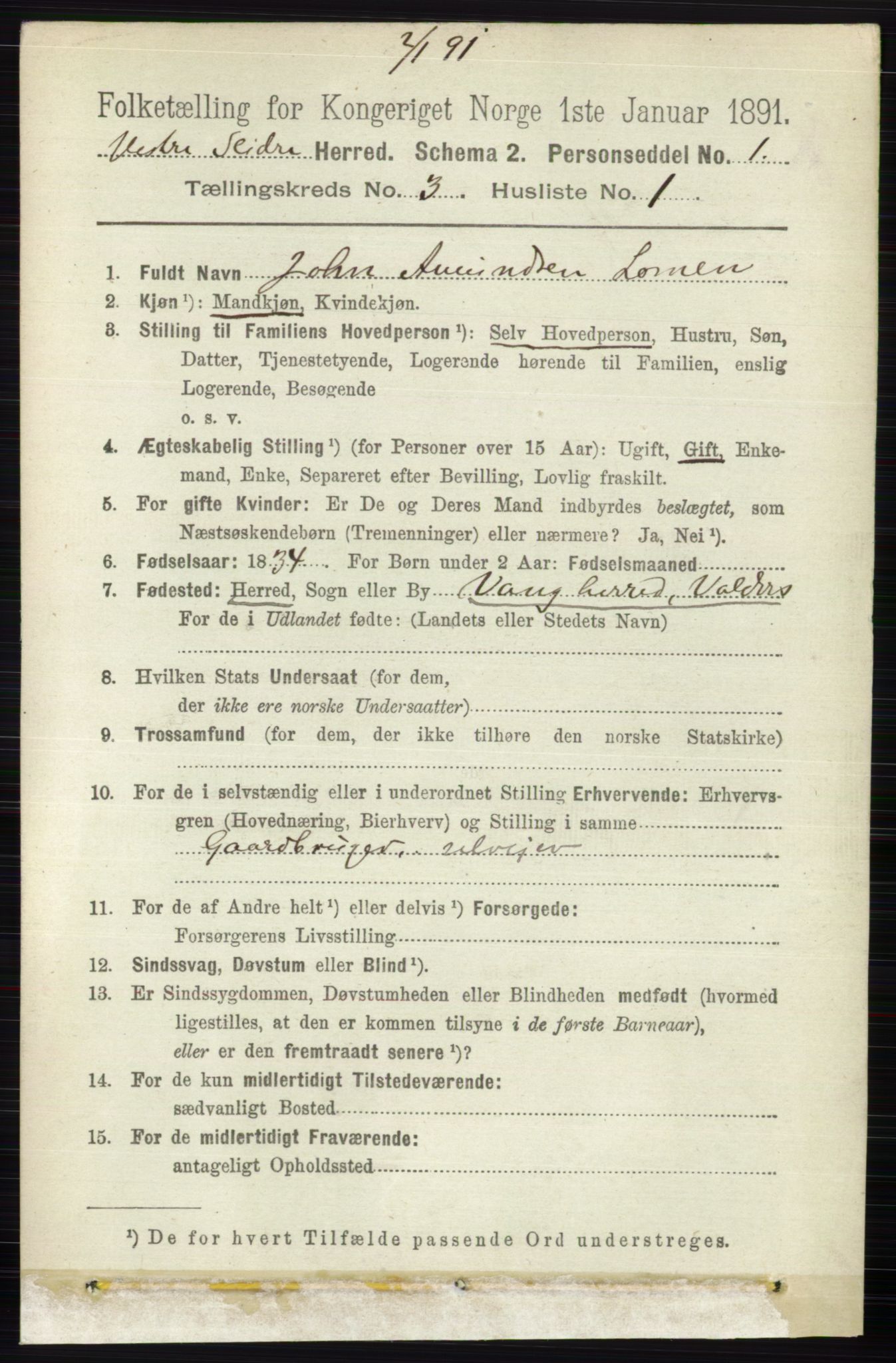 RA, 1891 census for 0543 Vestre Slidre, 1891, p. 822