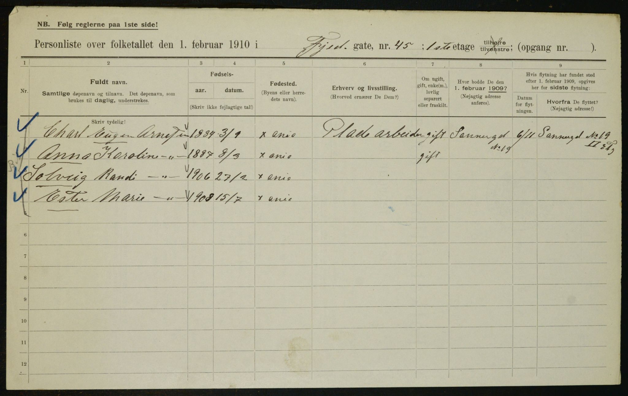 OBA, Municipal Census 1910 for Kristiania, 1910, p. 23143