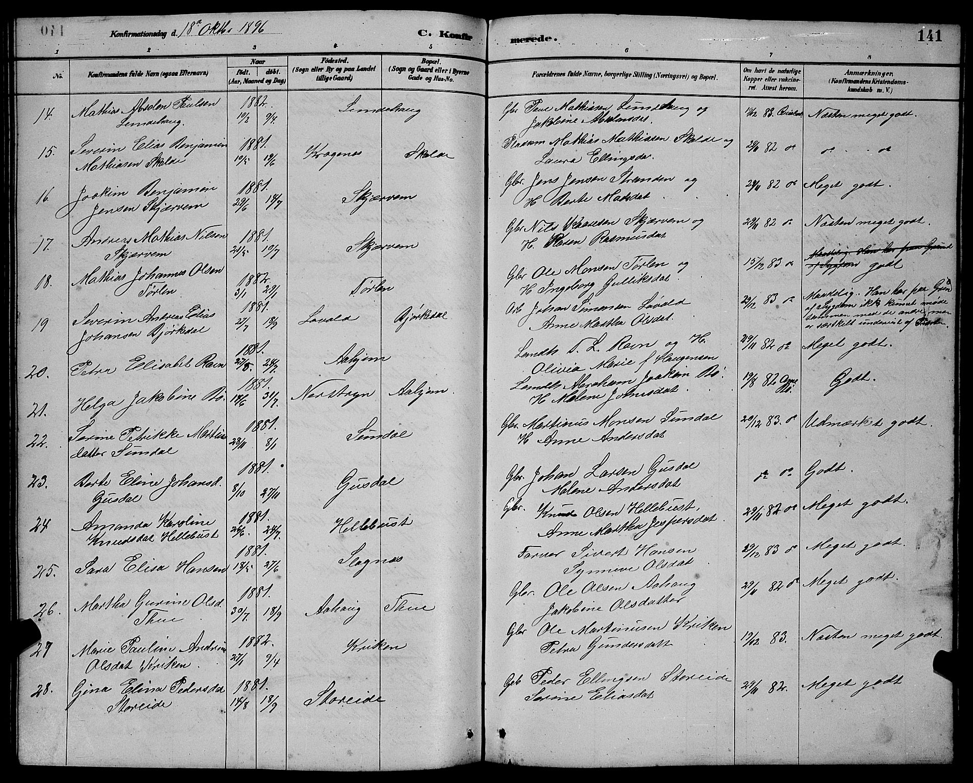 Ministerialprotokoller, klokkerbøker og fødselsregistre - Møre og Romsdal, AV/SAT-A-1454/501/L0017: Parish register (copy) no. 501C03, 1885-1901, p. 141