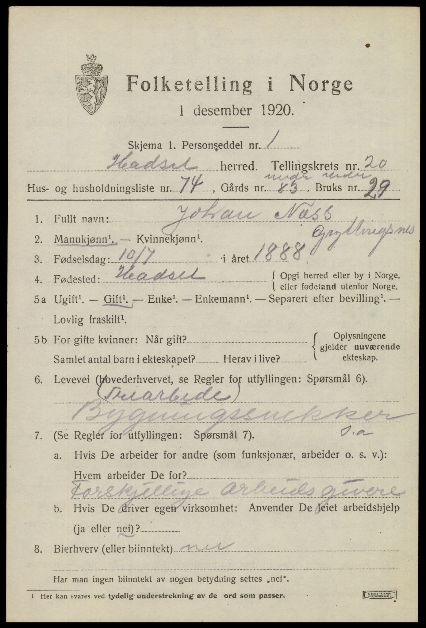 SAT, 1920 census for Hadsel, 1920, p. 19048