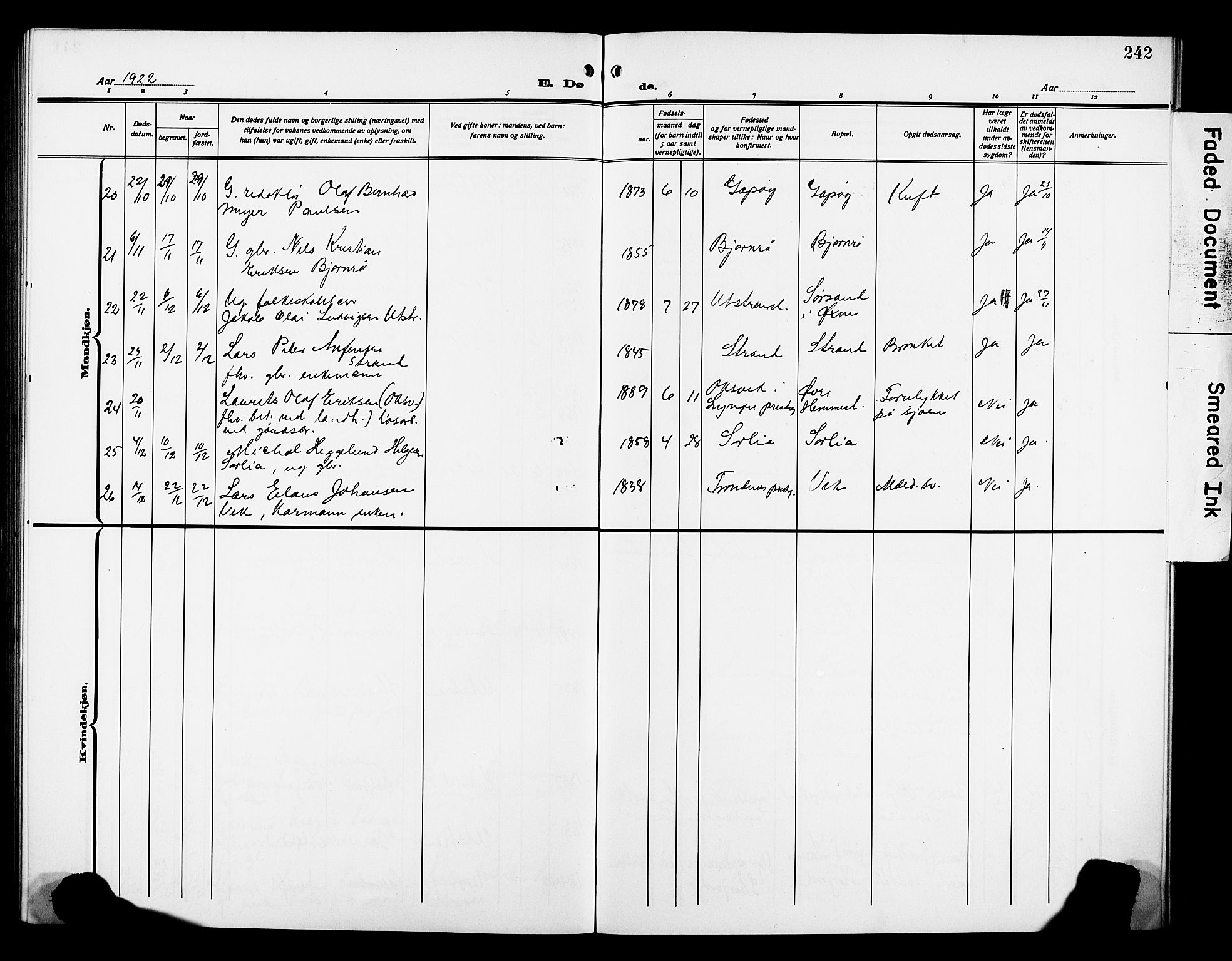 Kvæfjord sokneprestkontor, AV/SATØ-S-1323/G/Ga/Gab/L0006klokker: Parish register (copy) no. 6, 1912-1931, p. 242