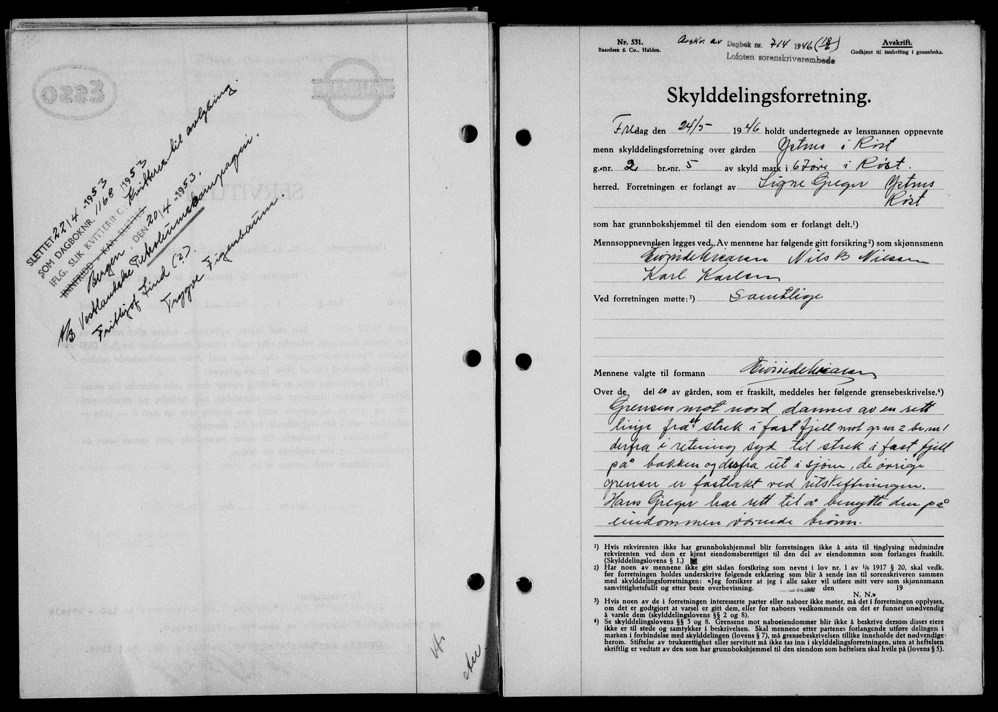 Lofoten sorenskriveri, SAT/A-0017/1/2/2C/L0014a: Mortgage book no. 14a, 1946-1946, Diary no: : 714/1946