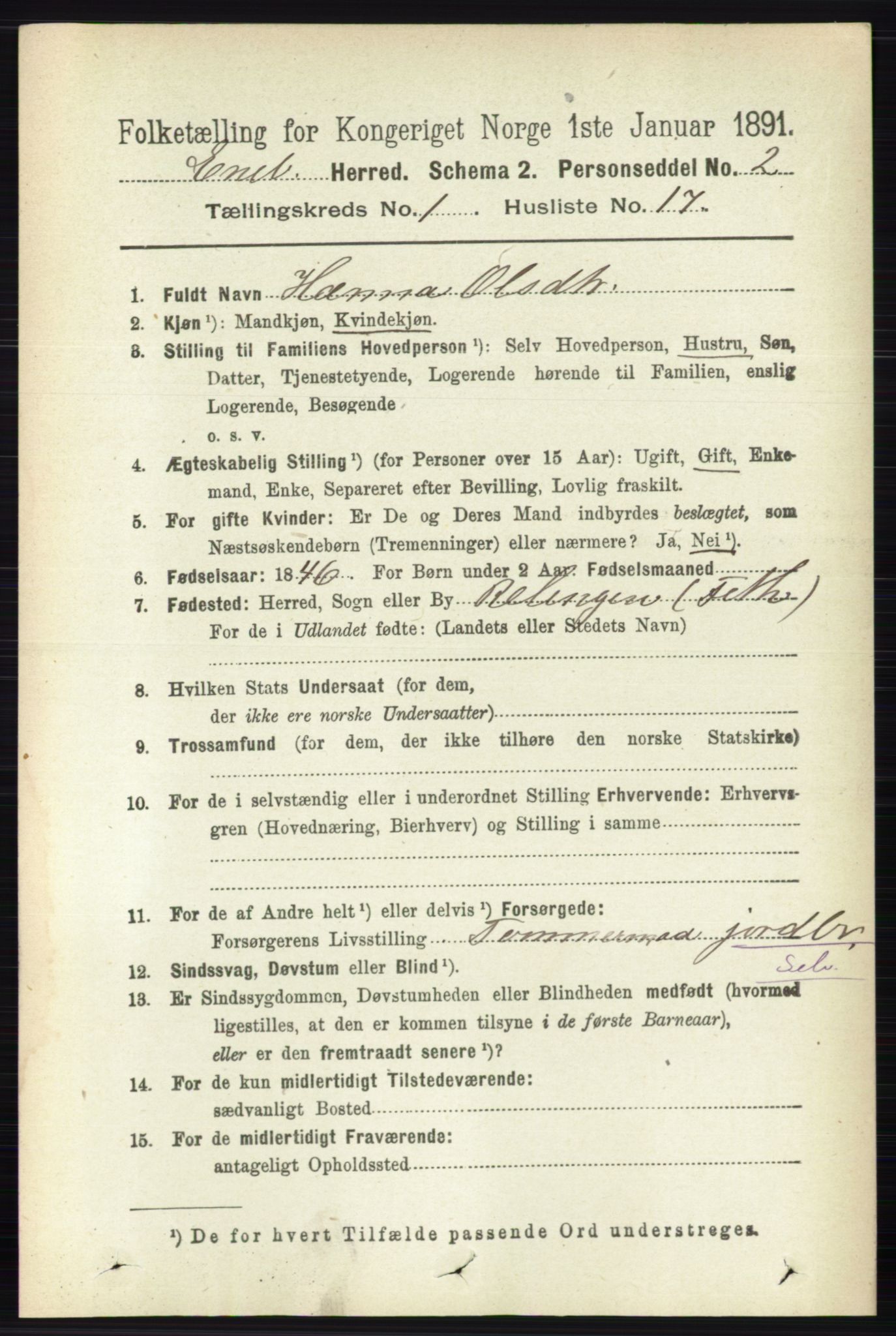 RA, 1891 census for 0229 Enebakk, 1891, p. 212