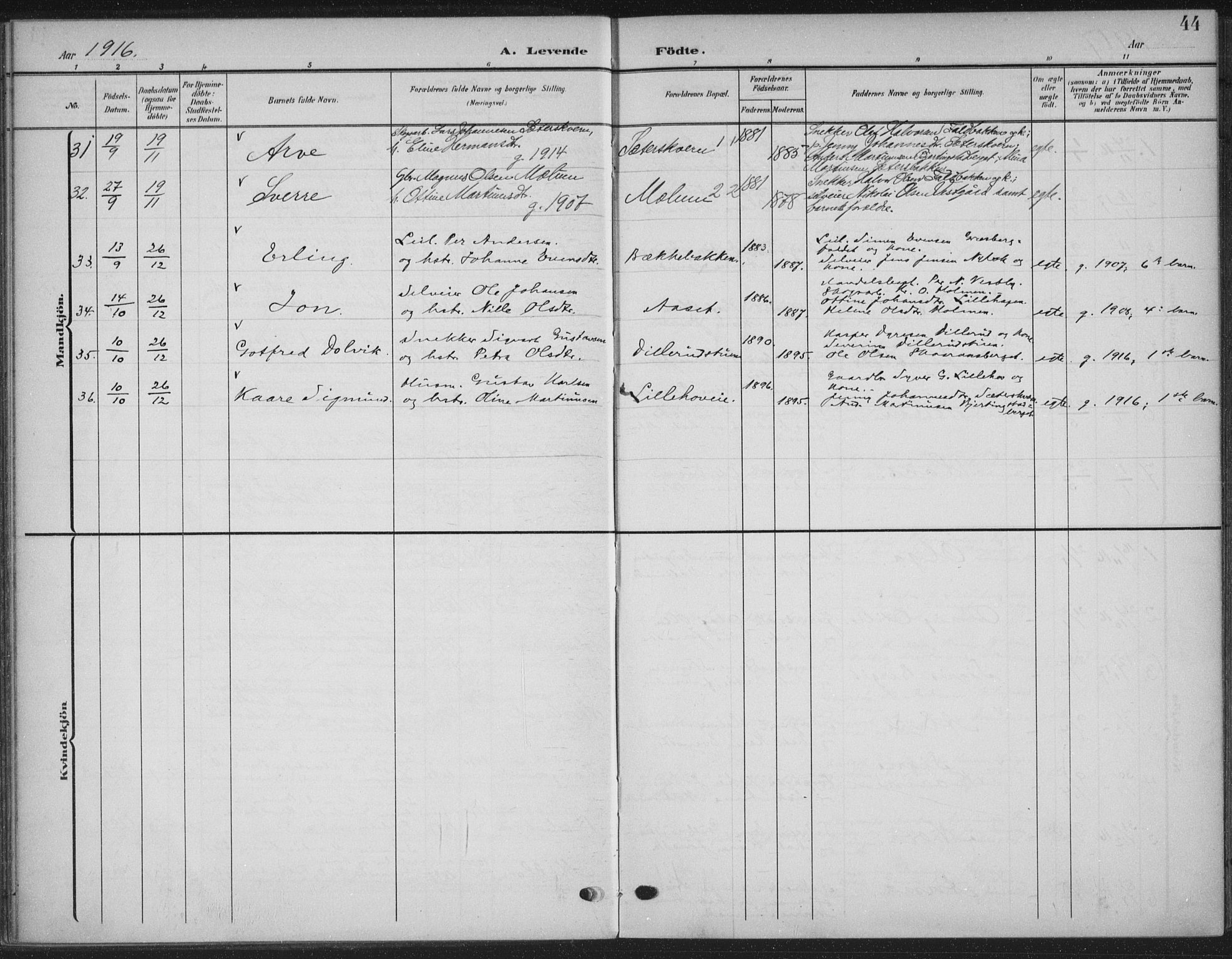 Romedal prestekontor, AV/SAH-PREST-004/K/L0009: Parish register (official) no. 9, 1906-1929, p. 44