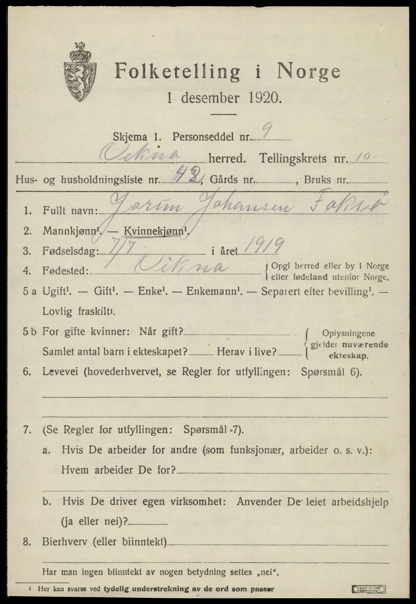 SAT, 1920 census for Vikna, 1920, p. 7343