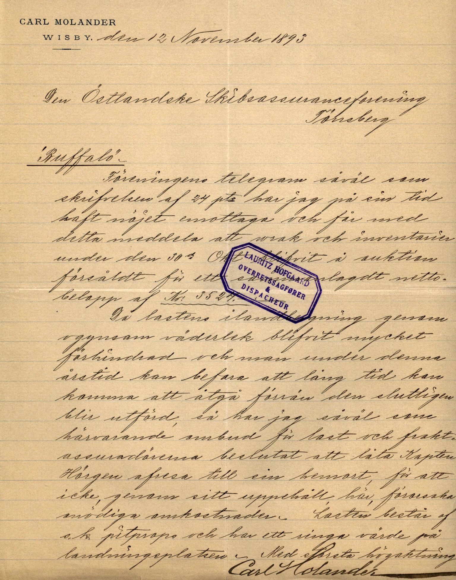 Pa 63 - Østlandske skibsassuranceforening, VEMU/A-1079/G/Ga/L0029/0009: Havaridokumenter / Anette, Agathe, Agra, Buffalo, 1893, p. 34