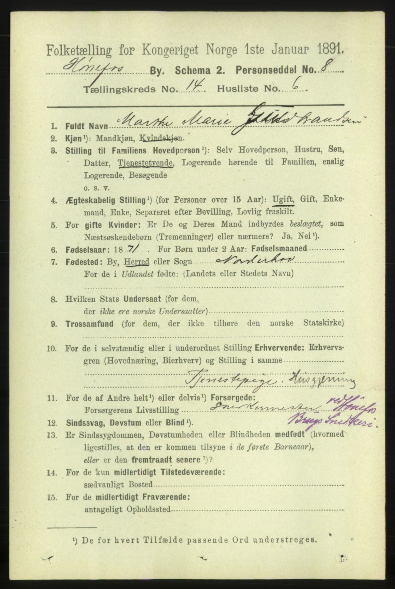 RA, 1891 census for 0601 Hønefoss, 1891, p. 1703