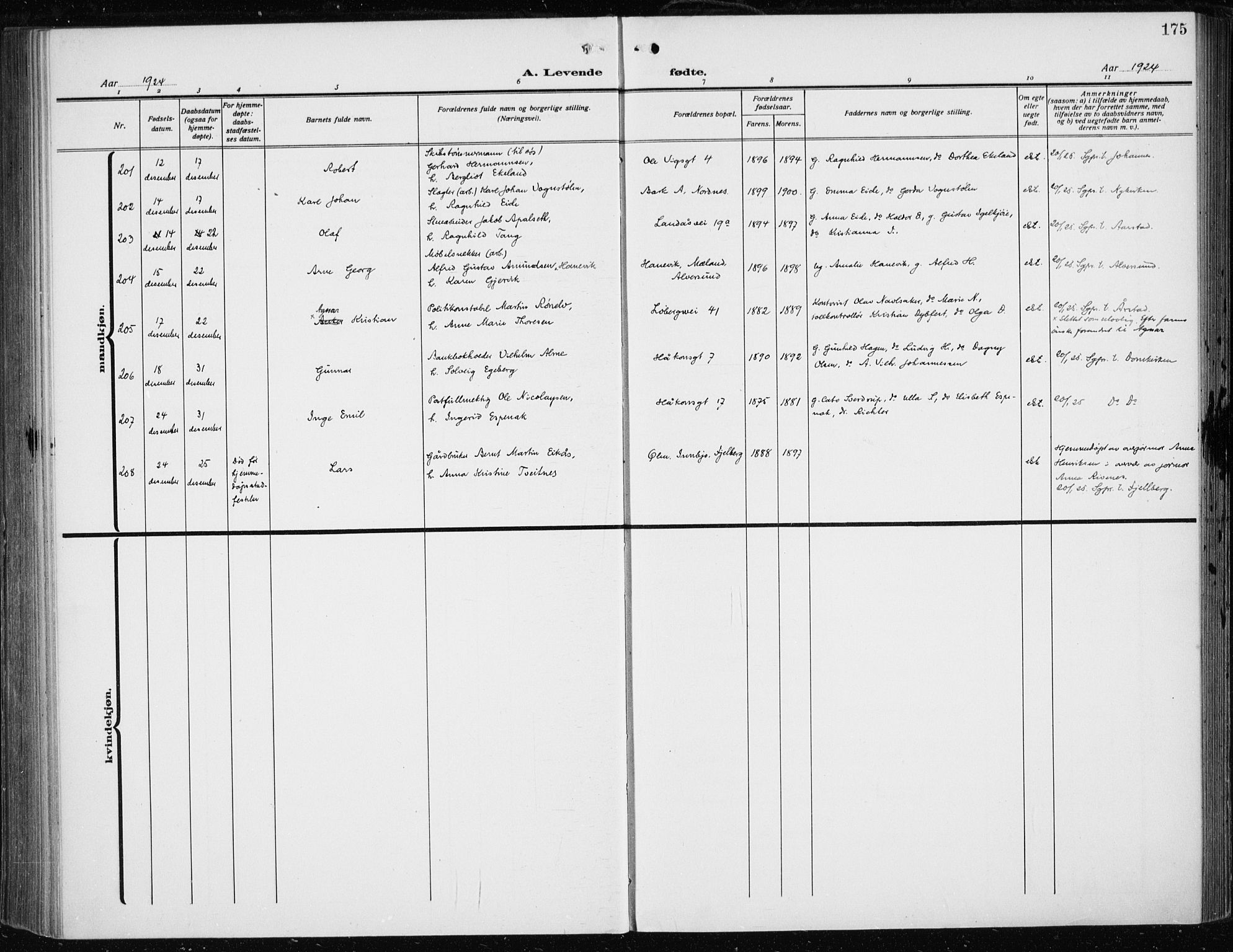 Fødselsstiftelsens sokneprestembete*, SAB/-: Parish register (official) no. A 5, 1918-1926, p. 175