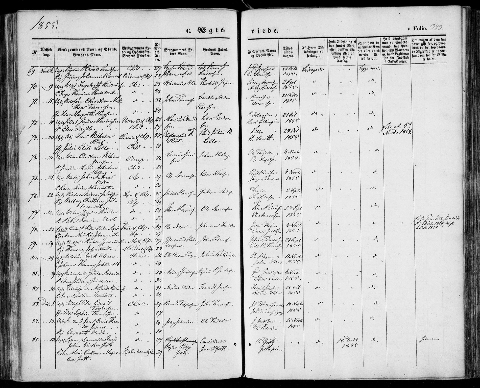 Kristiansand domprosti, SAK/1112-0006/F/Fa/L0014: Parish register (official) no. A 14, 1852-1867, p. 343