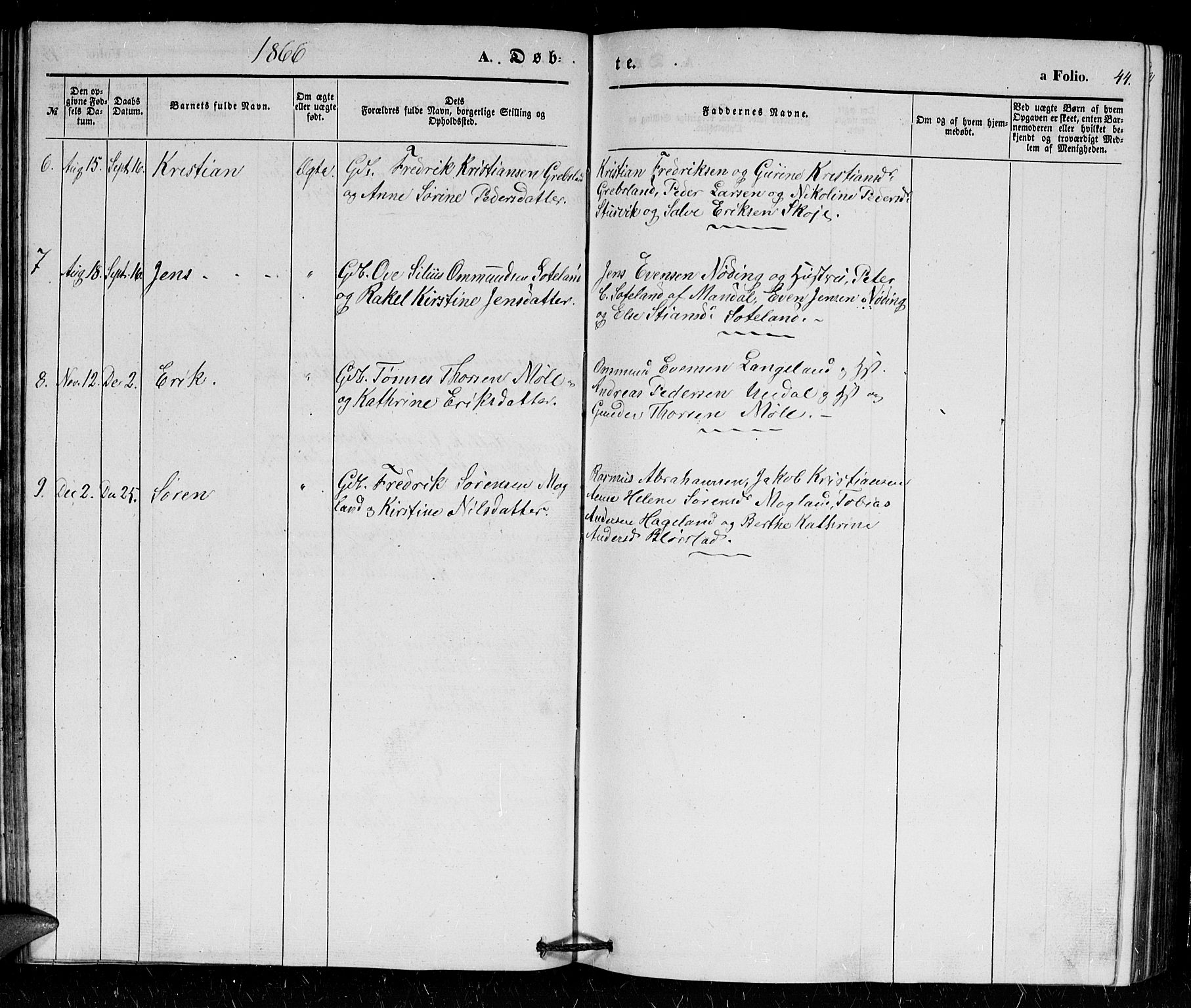 Holum sokneprestkontor, SAK/1111-0022/F/Fb/Fba/L0003: Parish register (copy) no. B 3, 1850-1866, p. 44