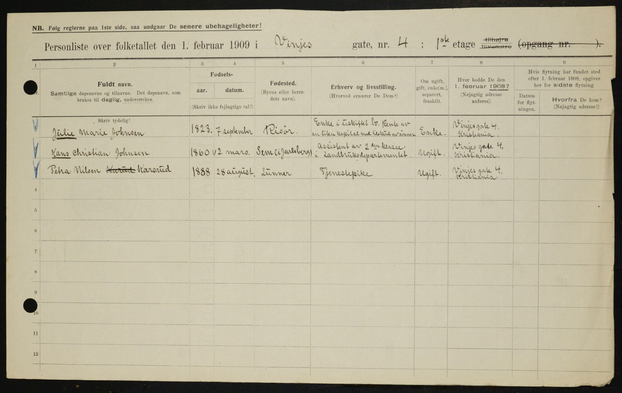 OBA, Municipal Census 1909 for Kristiania, 1909, p. 3120