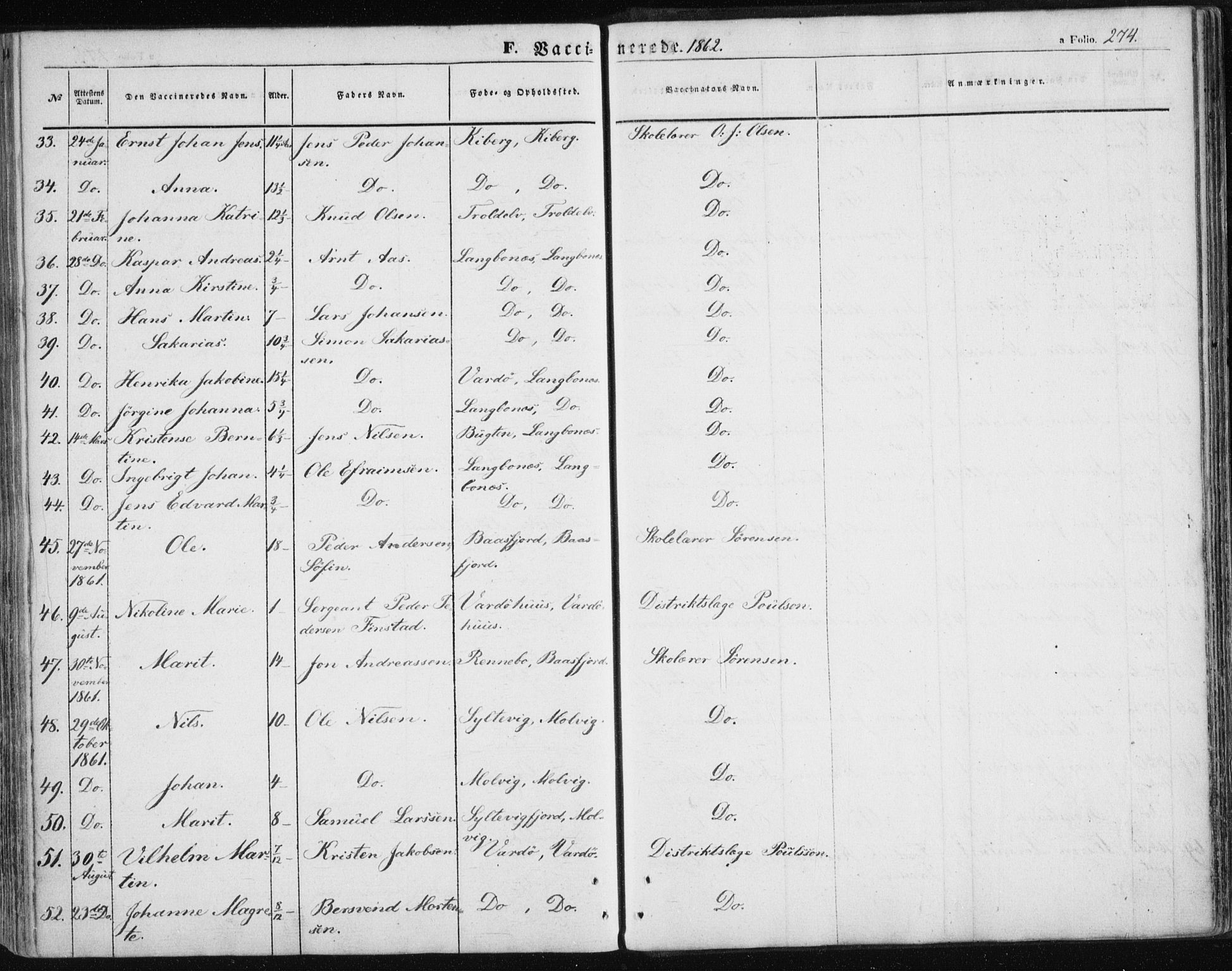 Vardø sokneprestkontor, SATØ/S-1332/H/Ha/L0004kirke: Parish register (official) no. 4, 1862-1871, p. 274