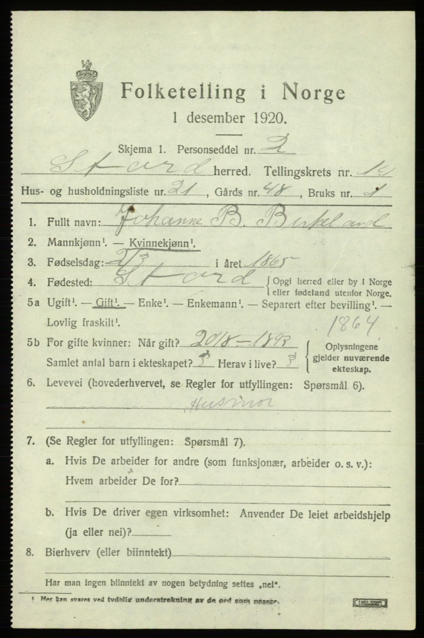 SAB, 1920 census for Stord, 1920, p. 8195