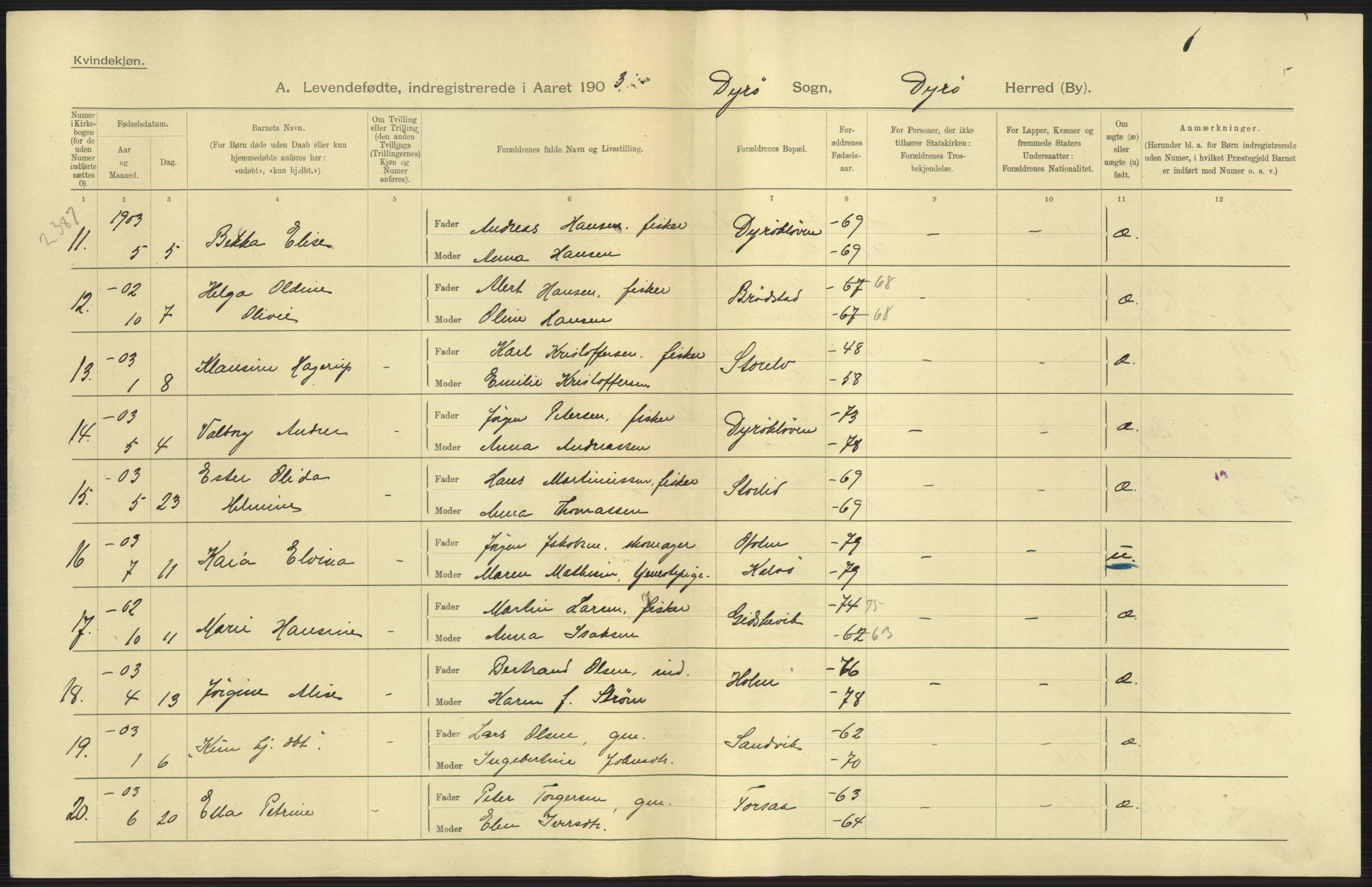 Statistisk sentralbyrå, Sosiodemografiske emner, Befolkning, AV/RA-S-2228/D/Df/Dfa/Dfaa/L0021: Tromsø amt: Fødte, gifte, døde., 1903, p. 19