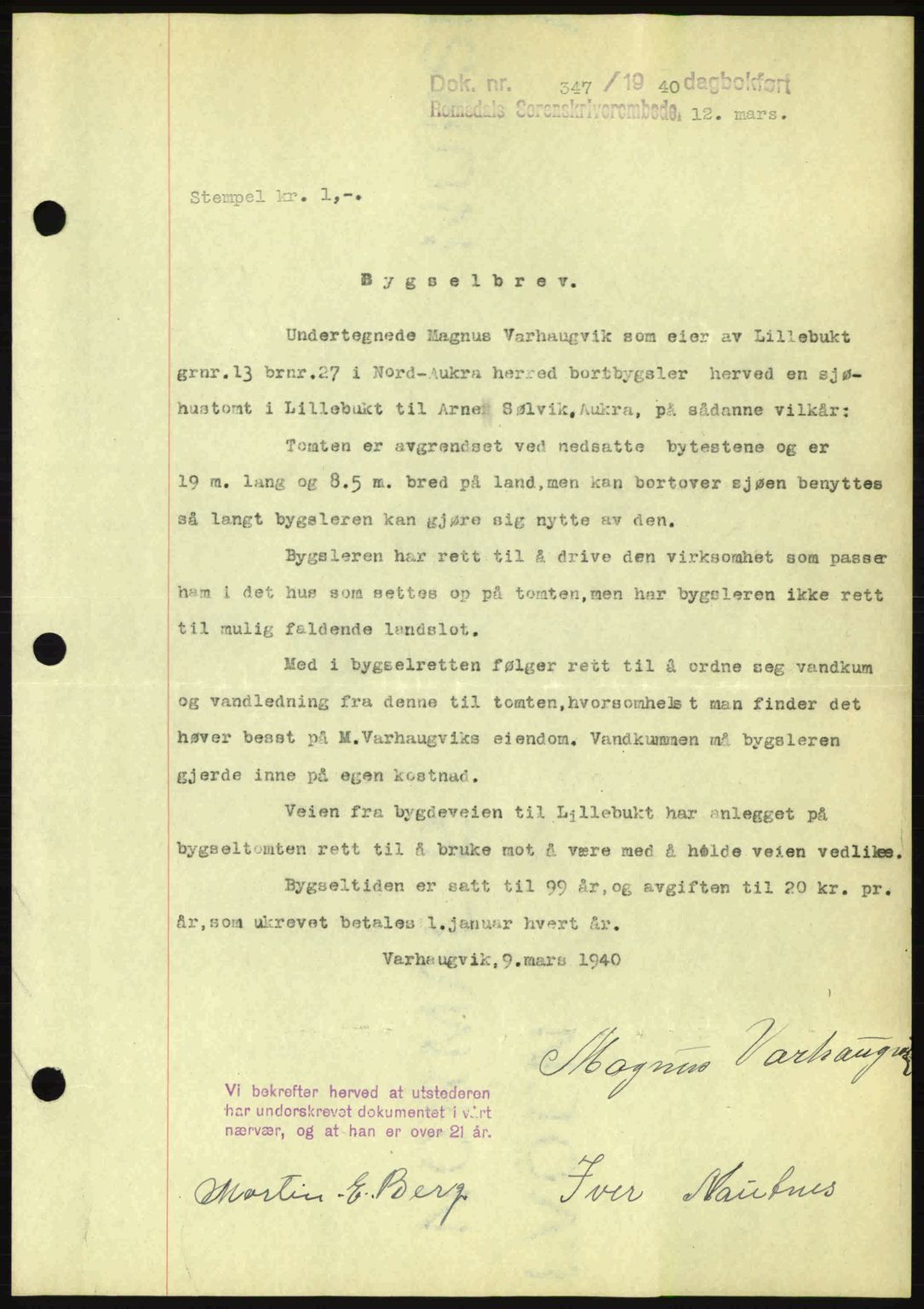 Romsdal sorenskriveri, AV/SAT-A-4149/1/2/2C: Mortgage book no. A8, 1939-1940, Diary no: : 347/1940