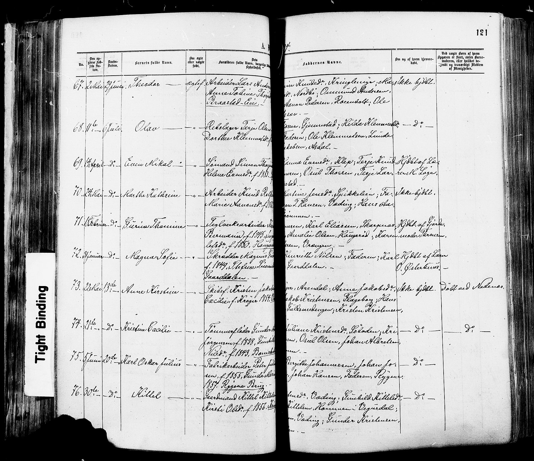 Øyestad sokneprestkontor, AV/SAK-1111-0049/F/Fa/L0016: Parish register (official) no. A 16, 1874-1886, p. 121