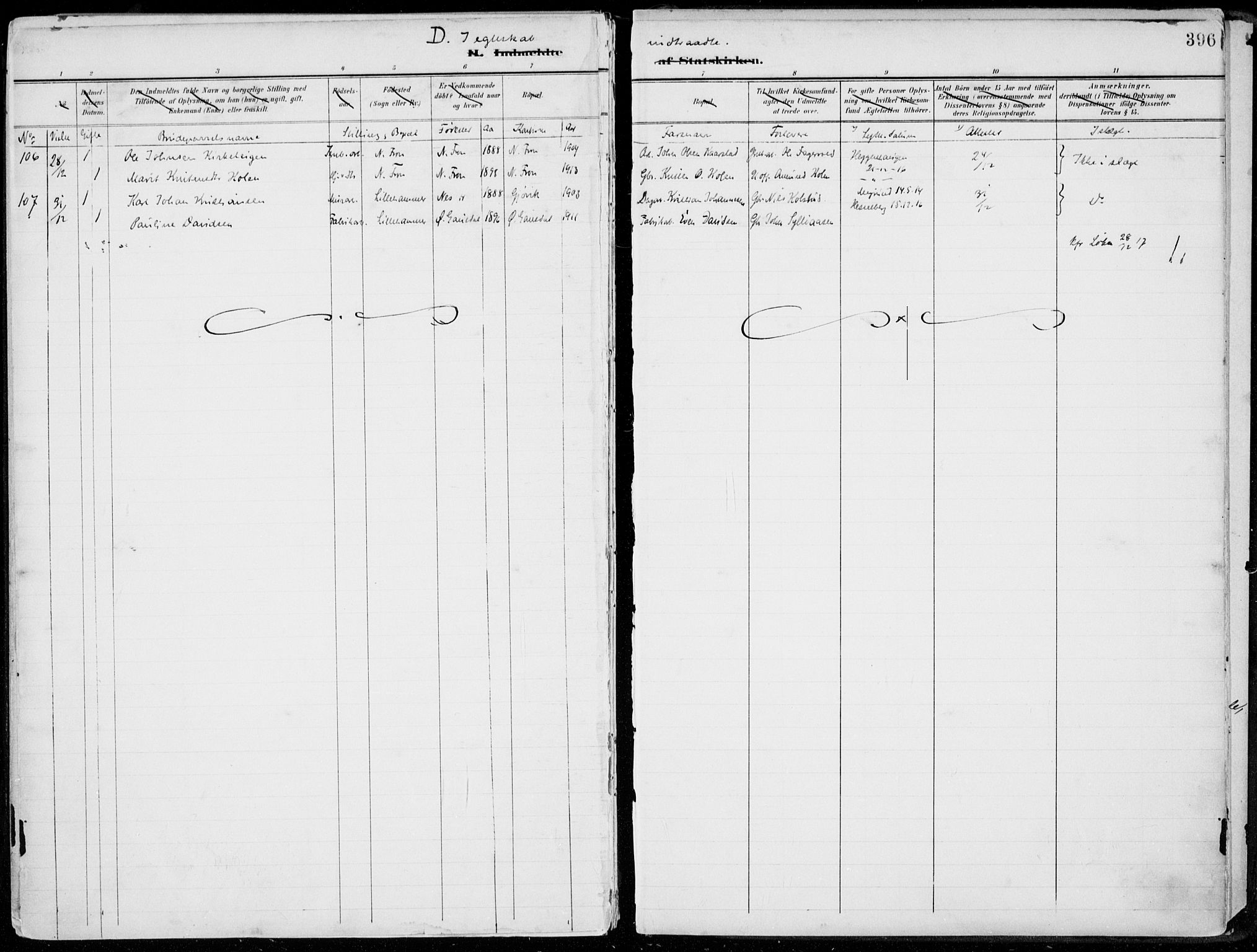 Lillehammer prestekontor, SAH/PREST-088/H/Ha/Haa/L0001: Parish register (official) no. 1, 1901-1916, p. 396