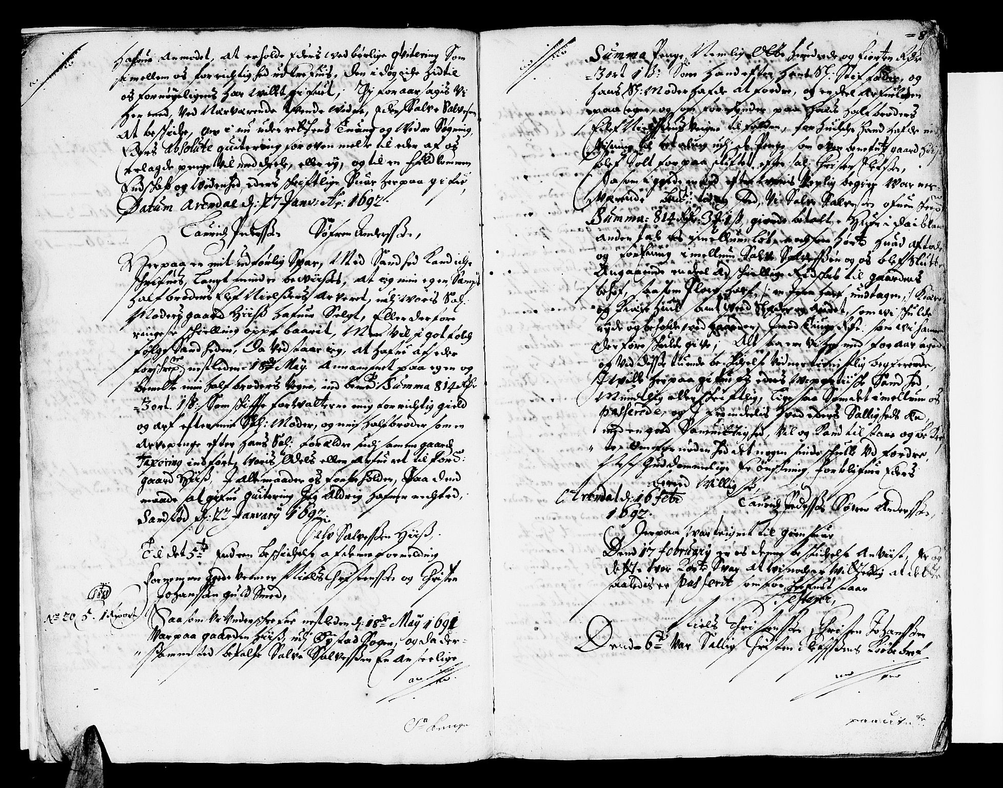 Nedenes sorenskriveri før 1824, SAK/1221-0007/F/Fa/L0007: Tingbok med register nr 4, 1692-1696, p. 7b-8a