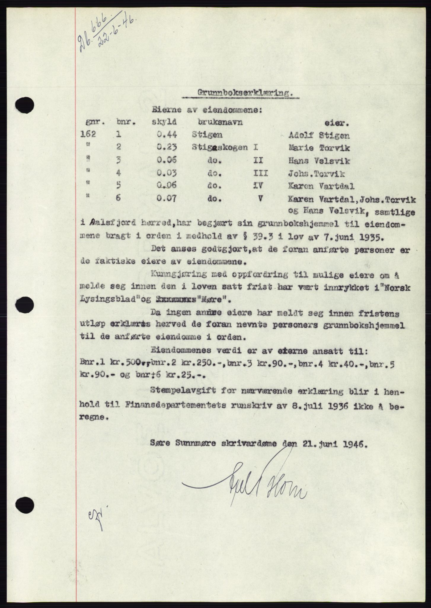 Søre Sunnmøre sorenskriveri, AV/SAT-A-4122/1/2/2C/L0078: Mortgage book no. 4A, 1946-1946, Diary no: : 666/1946