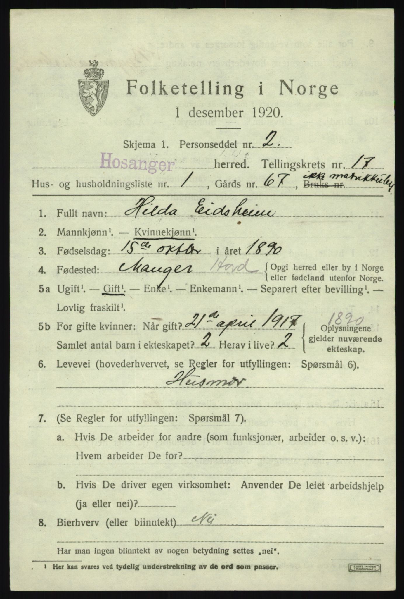 SAB, 1920 census for Hosanger, 1920, p. 6475