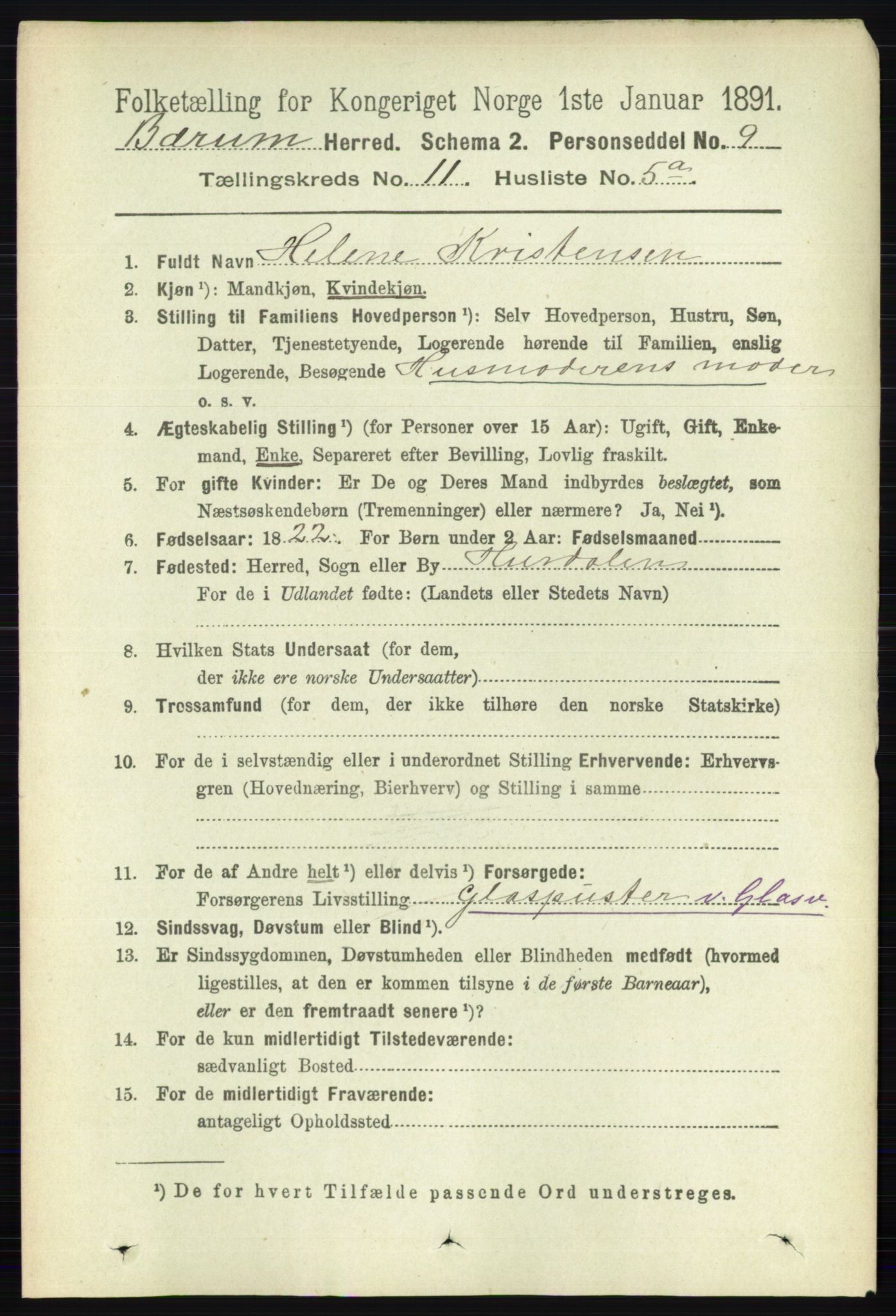 RA, 1891 census for 0219 Bærum, 1891, p. 7285