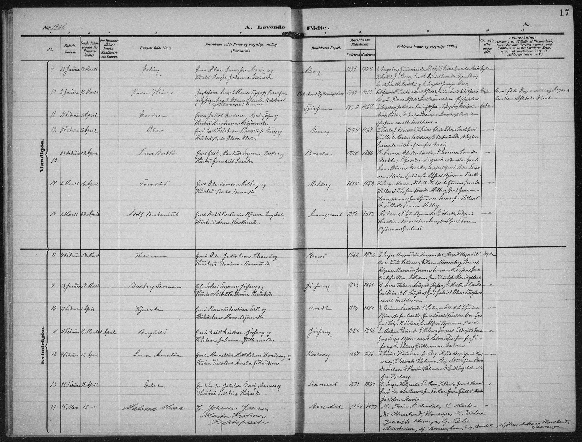 Strand sokneprestkontor, AV/SAST-A-101828/H/Ha/Hab/L0005: Parish register (copy) no. B 5, 1904-1934, p. 17