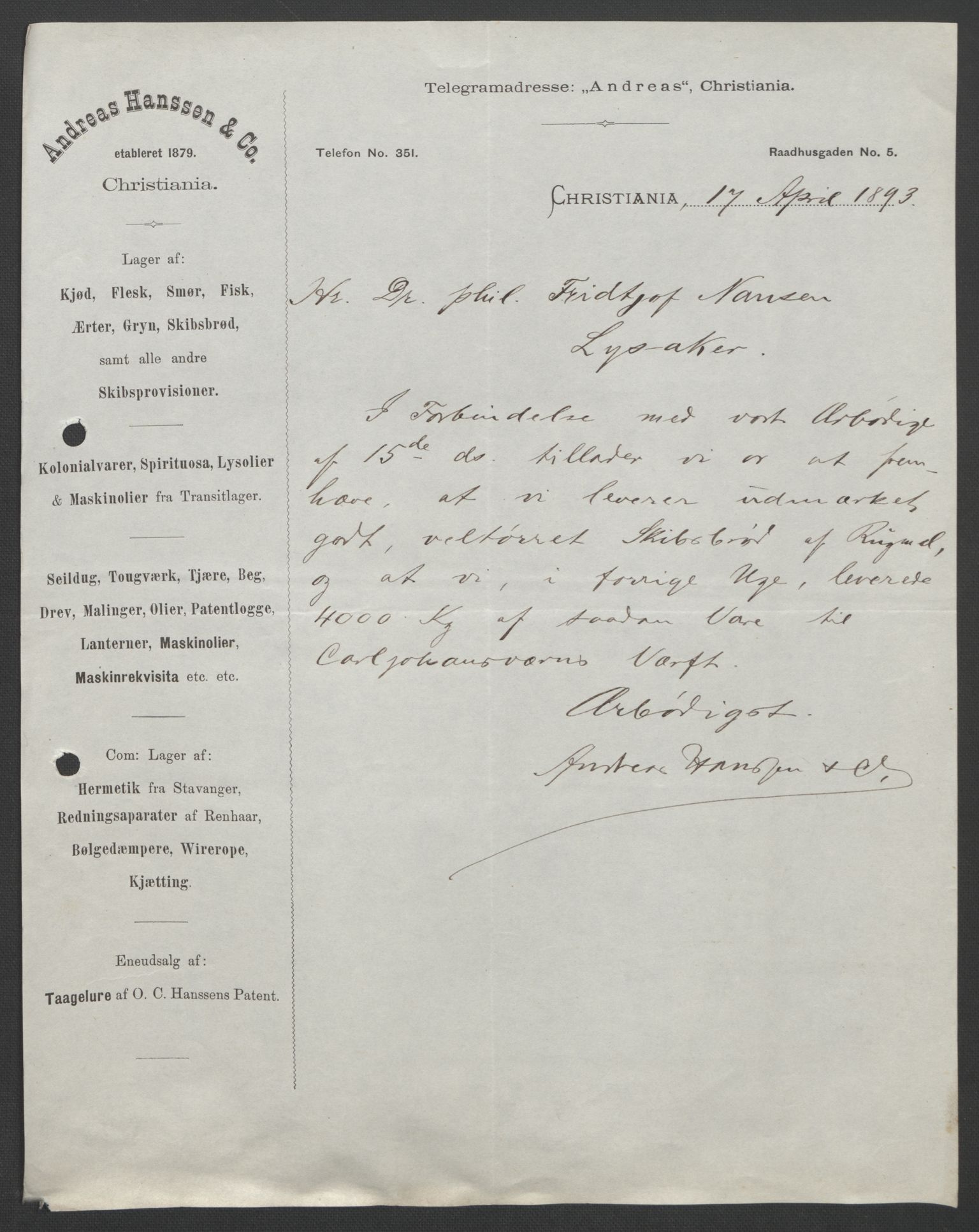 Arbeidskomitéen for Fridtjof Nansens polarekspedisjon, AV/RA-PA-0061/D/L0004: Innk. brev og telegrammer vedr. proviant og utrustning, 1892-1893, p. 666