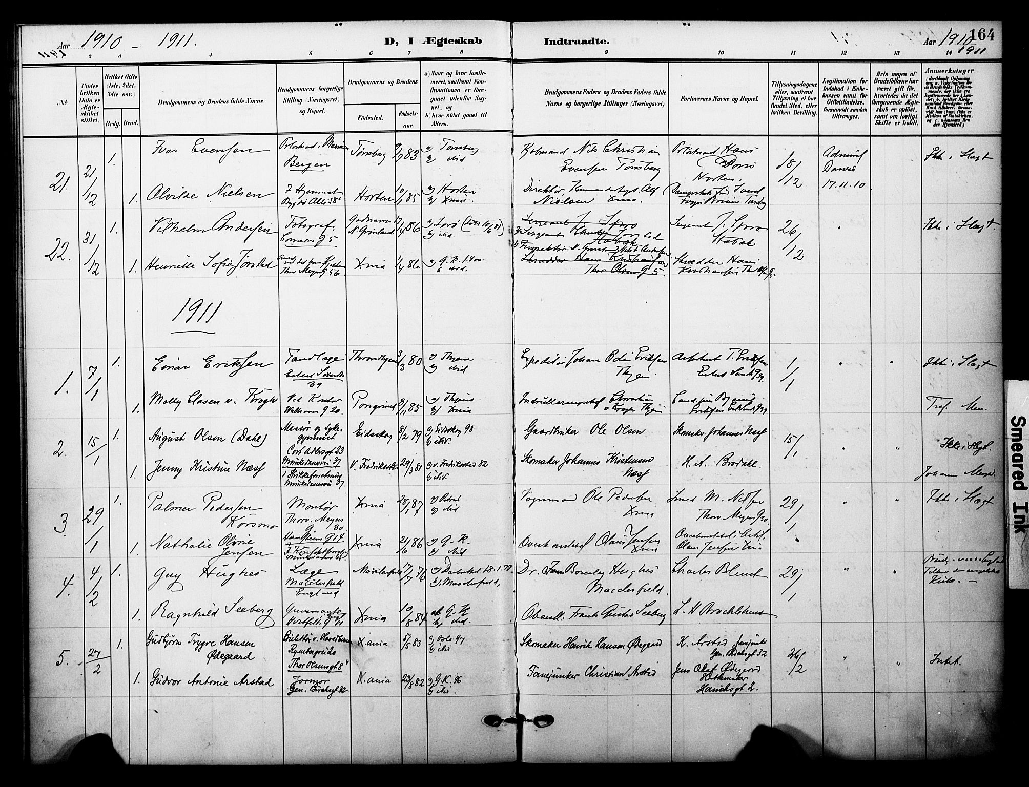 Garnisonsmenigheten Kirkebøker, SAO/A-10846/F/Fa/L0014: Parish register (official) no. 14, 1905-1914, p. 164