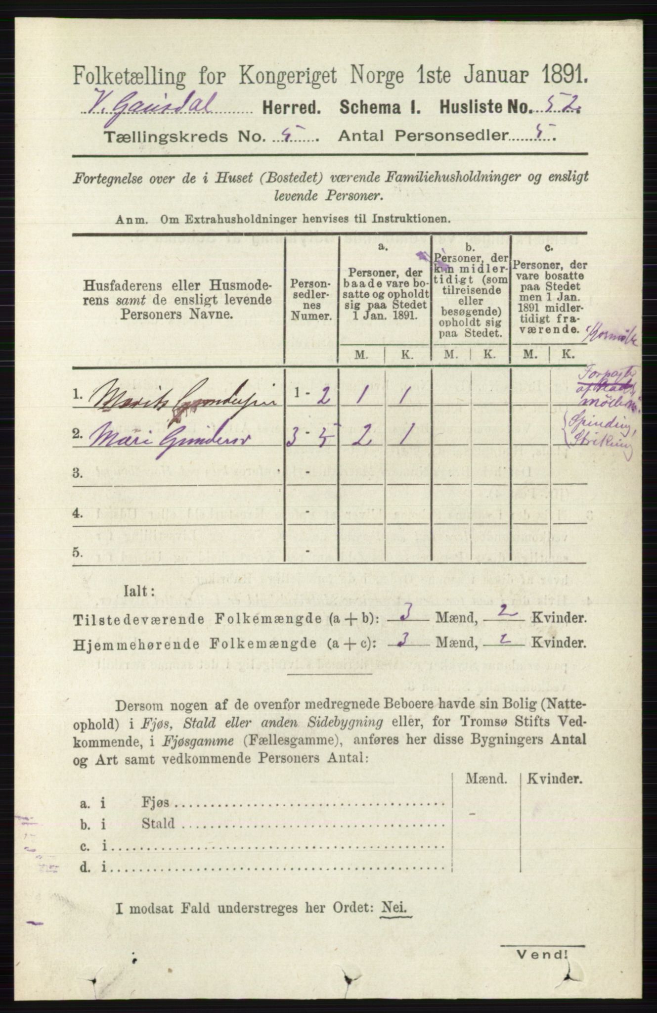 RA, 1891 census for 0523 Vestre Gausdal, 1891, p. 2169