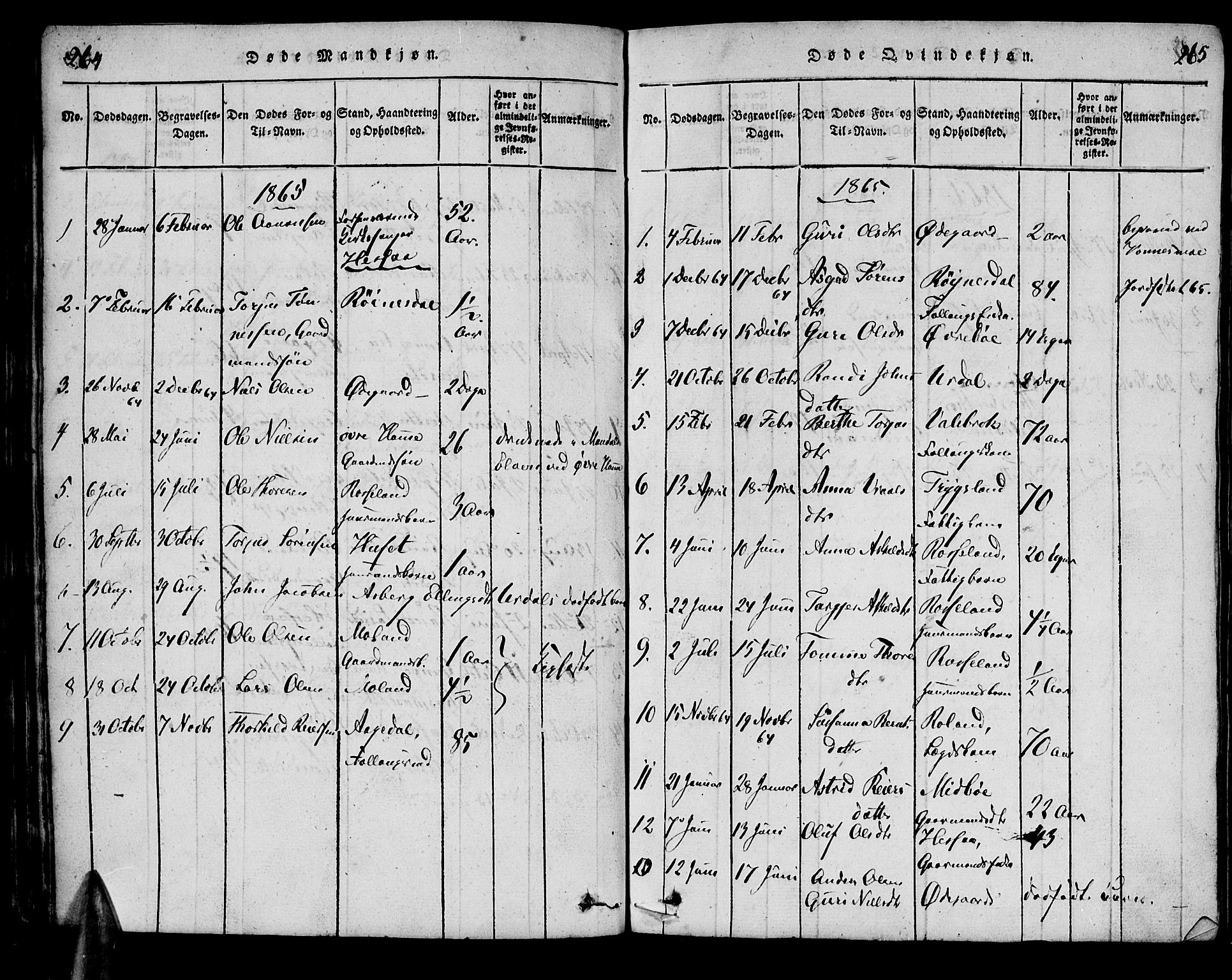 Bjelland sokneprestkontor, SAK/1111-0005/F/Fa/Faa/L0002: Parish register (official) no. A 2, 1816-1866, p. 264-265