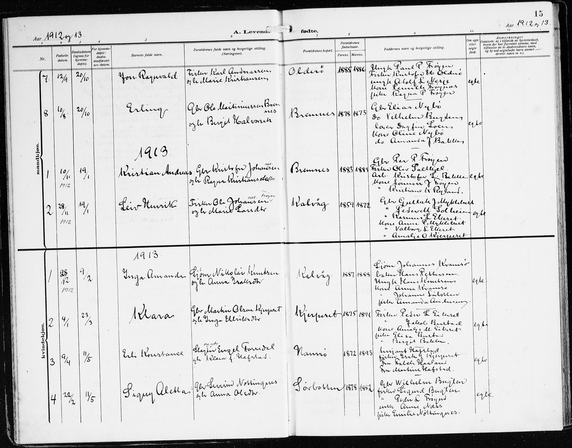Bremanger sokneprestembete, SAB/A-82201/H/Haa/Haab/L0003: Parish register (official) no. B 3, 1908-1925, p. 15