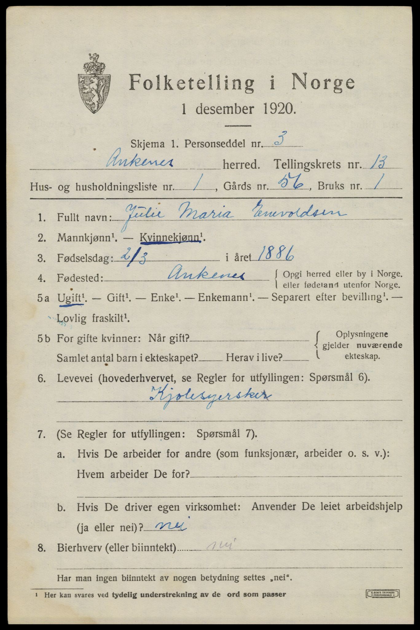 SAT, 1920 census for Ankenes, 1920, p. 6613