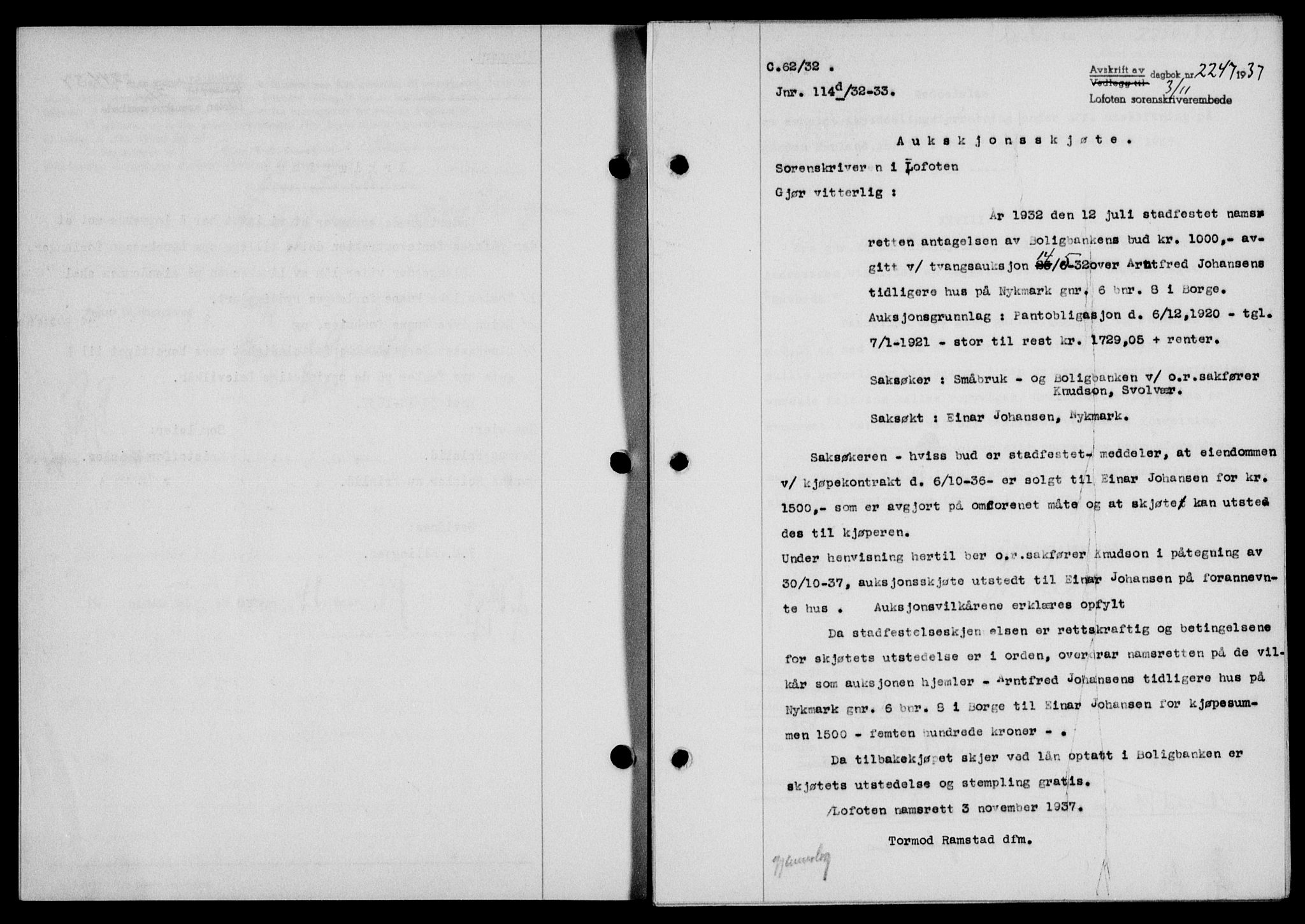Lofoten sorenskriveri, SAT/A-0017/1/2/2C/L0003a: Mortgage book no. 3a, 1937-1938, Diary no: : 2247/1937