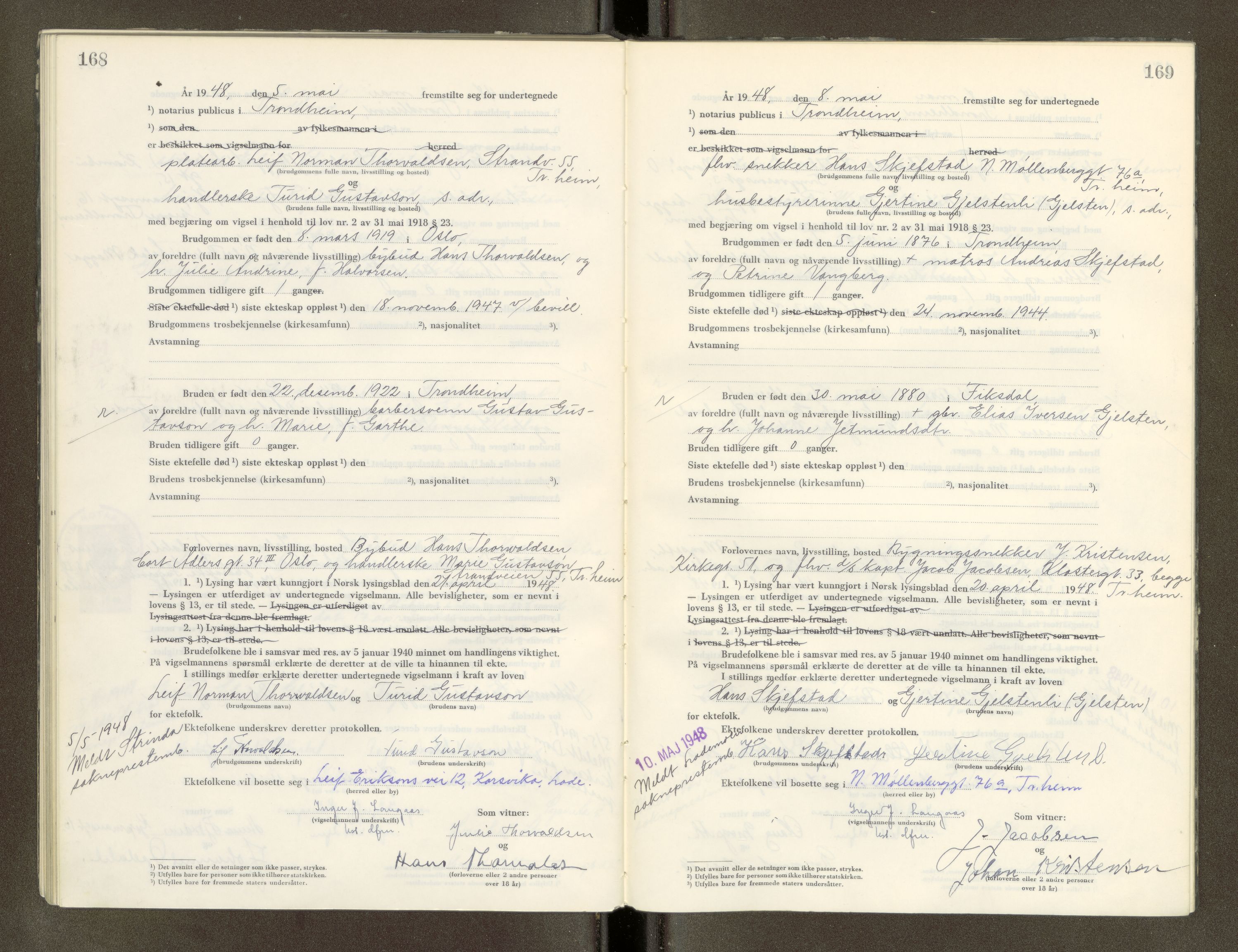 Trondheim byfogd, AV/SAT-A-0003/1/6/6D/L0005: Vigselbøker, 1944-1948, p. 168-169