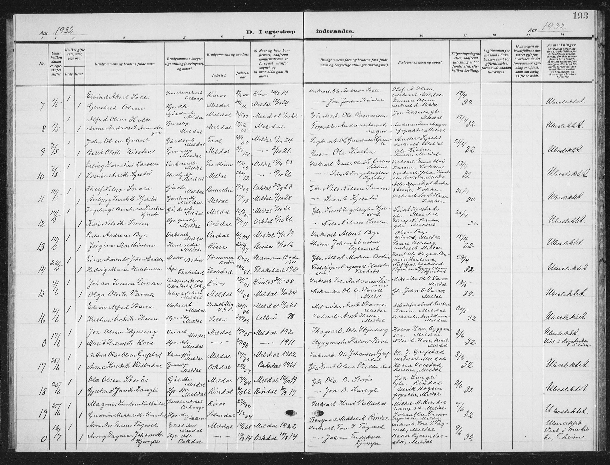 Ministerialprotokoller, klokkerbøker og fødselsregistre - Sør-Trøndelag, SAT/A-1456/672/L0866: Parish register (copy) no. 672C05, 1929-1939, p. 193