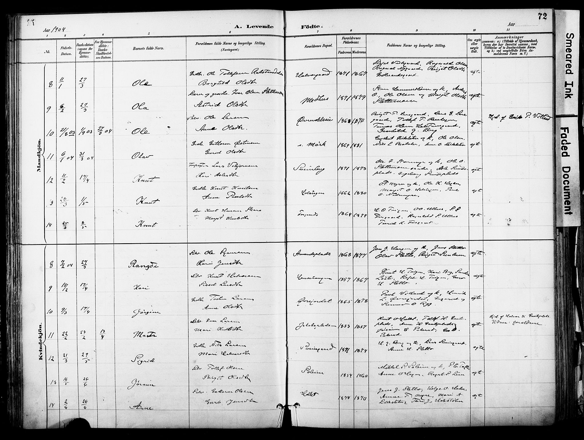 Hol kirkebøker, SAKO/A-227/F/Fa/L0003: Parish register (official) no. I 3, 1887-1918, p. 72