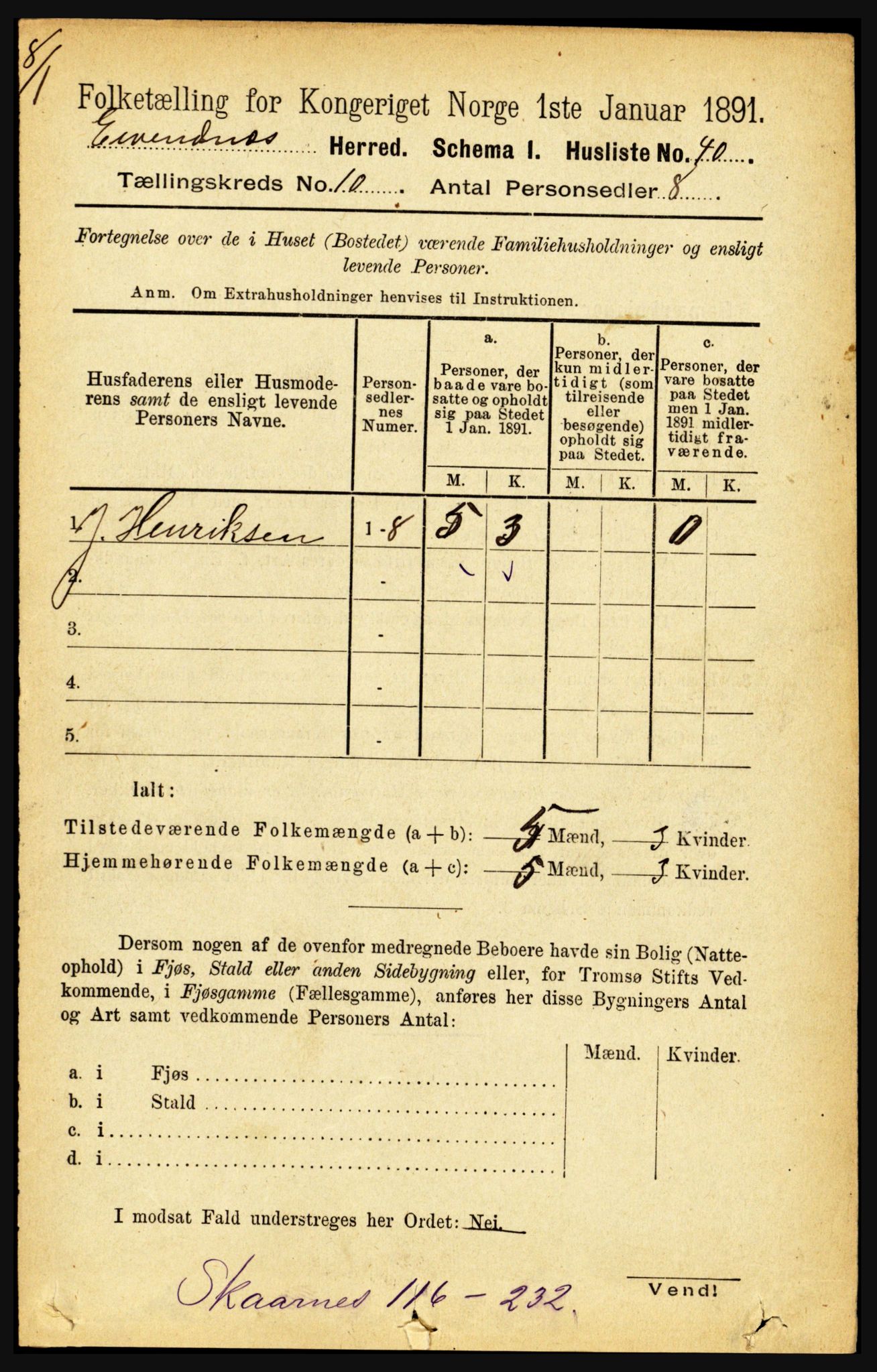 RA, 1891 census for 1853 Evenes, 1891, p. 3128