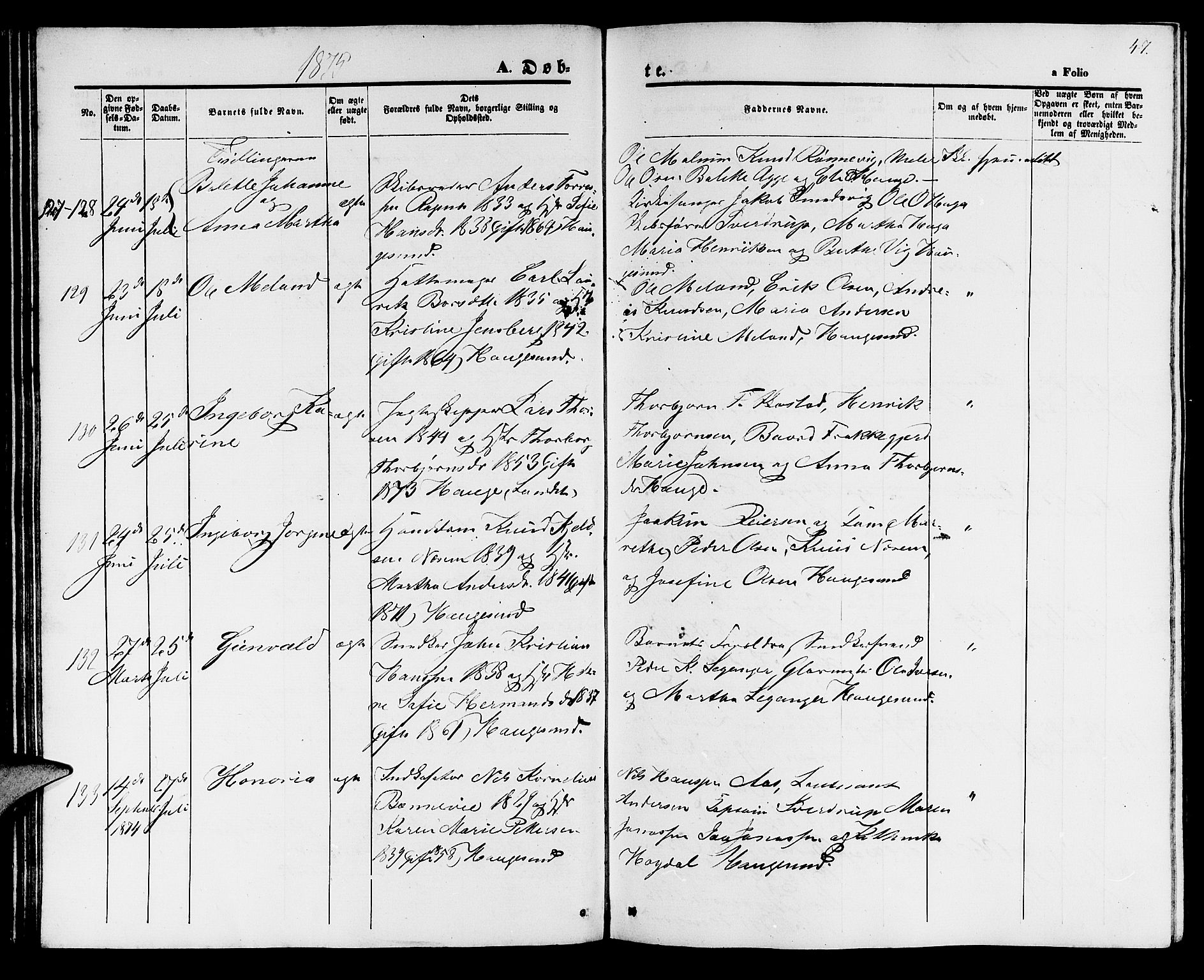 Haugesund sokneprestkontor, SAST/A -101863/H/Ha/Hab/L0001: Parish register (copy) no. B 1, 1873-1881, p. 47