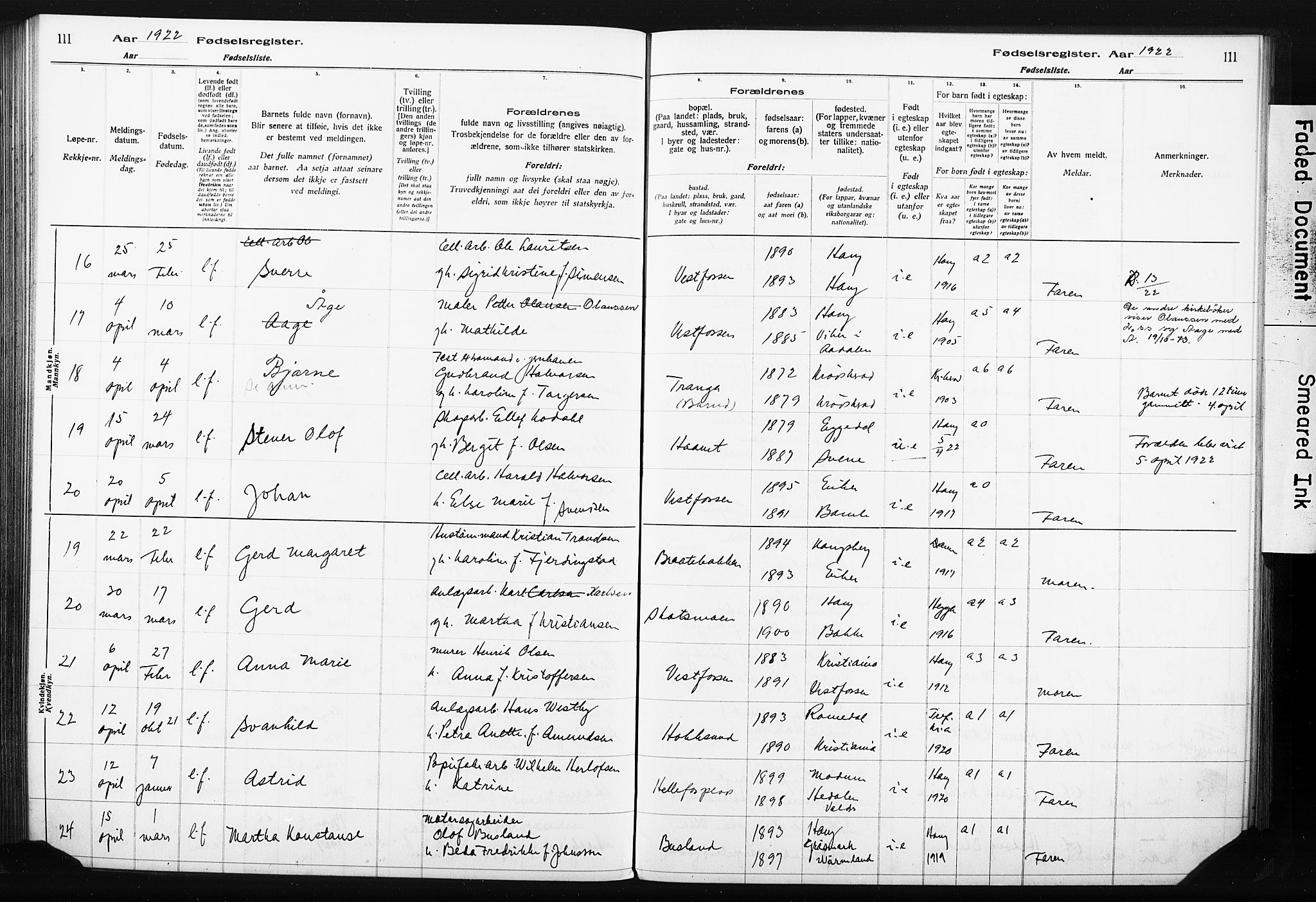 Eiker kirkebøker, AV/SAKO-A-4/J/Ja/L0001: Birth register no. I 1, 1916-1927, p. 111