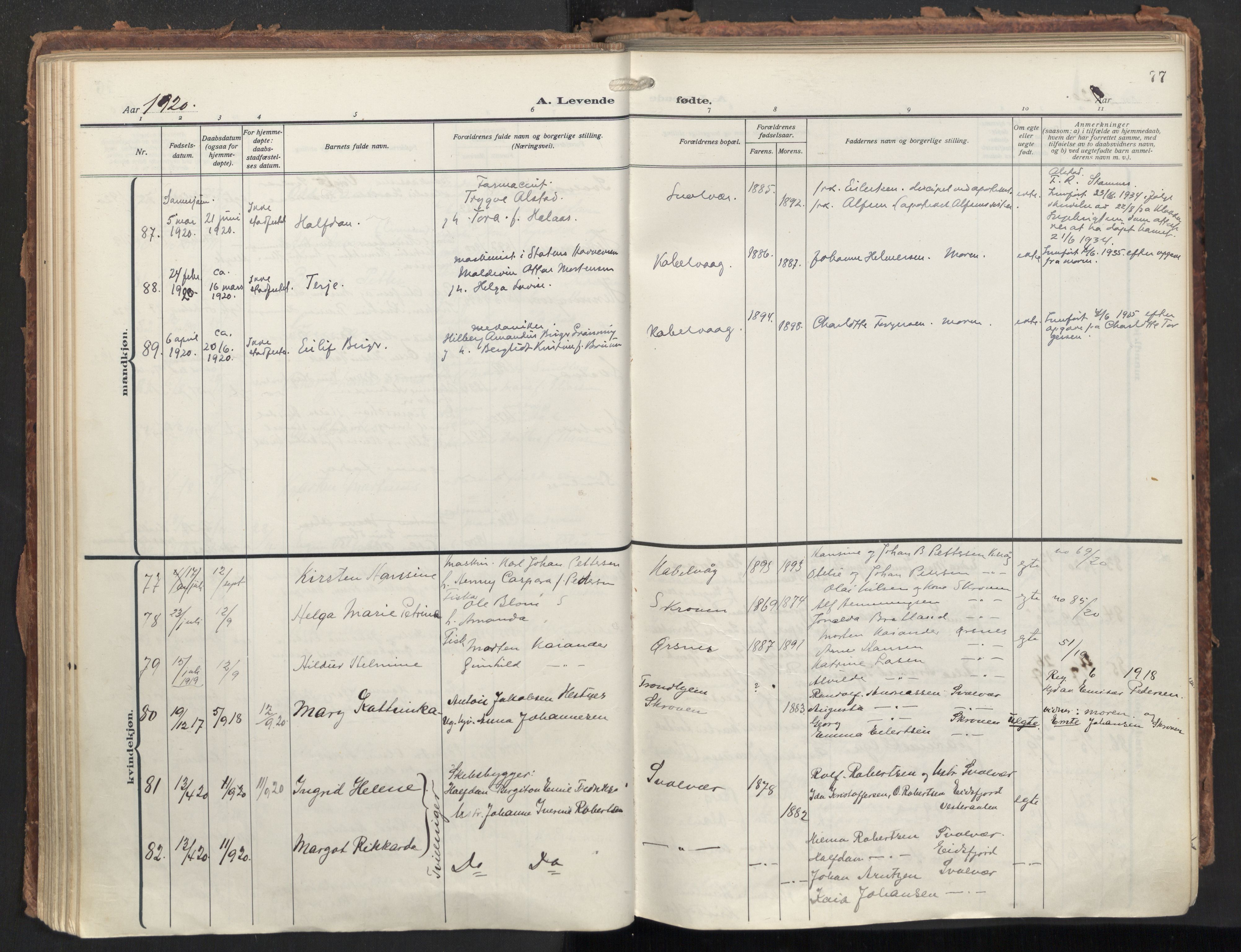 Ministerialprotokoller, klokkerbøker og fødselsregistre - Nordland, SAT/A-1459/874/L1064: Parish register (official) no. 874A08, 1915-1926, p. 77