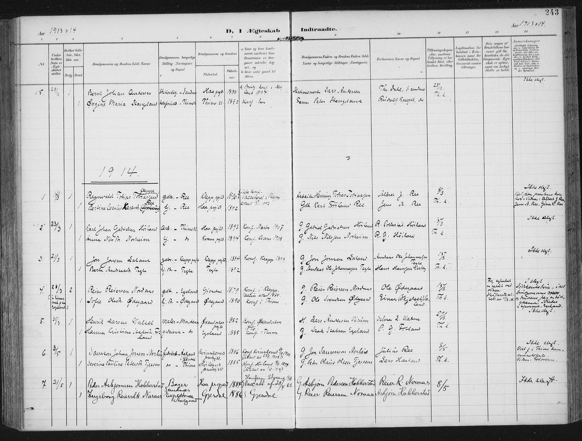 Lye sokneprestkontor, SAST/A-101794/002/A/L0001: Parish register (official) no. A 12, 1904-1920, p. 243