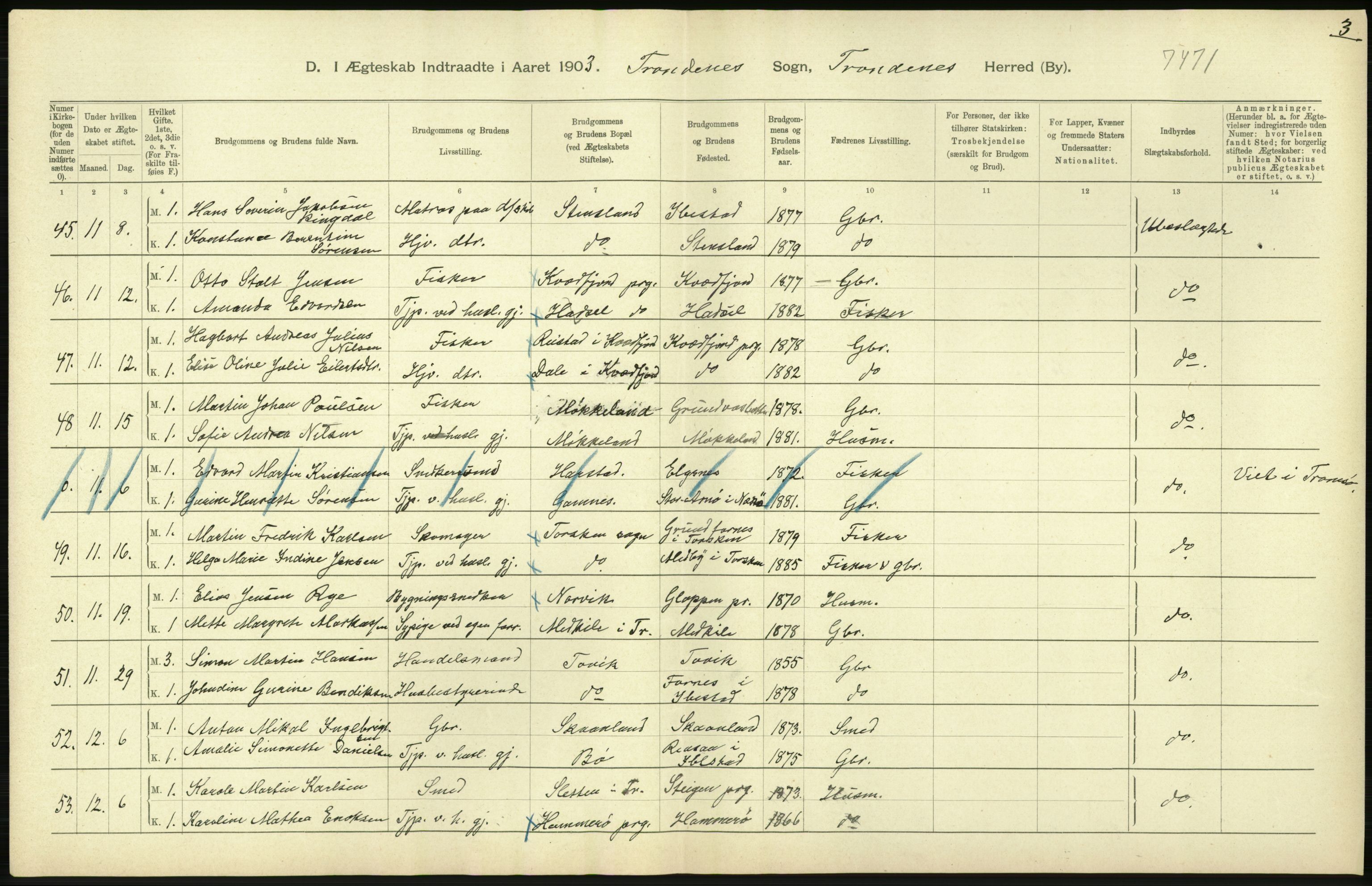 Statistisk sentralbyrå, Sosiodemografiske emner, Befolkning, AV/RA-S-2228/D/Df/Dfa/Dfaa/L0021: Tromsø amt: Fødte, gifte, døde., 1903, p. 356