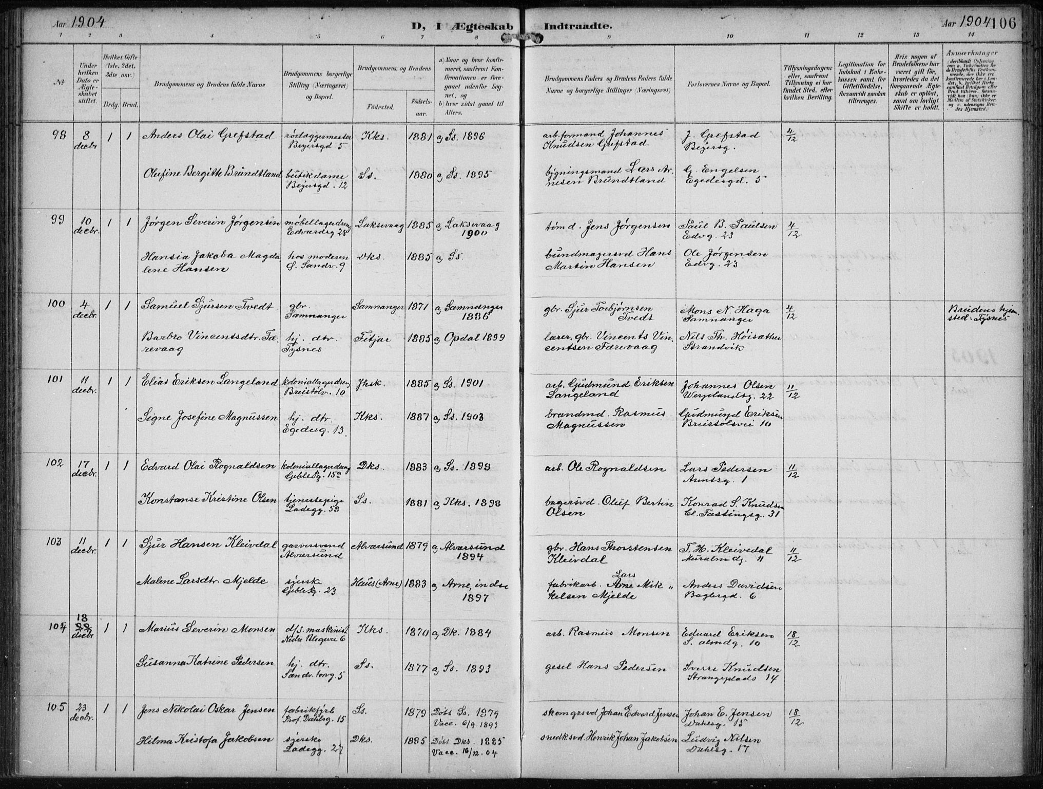 Sandviken Sokneprestembete, SAB/A-77601/H/Ha/L0014: Parish register (official) no. D 1, 1896-1911, p. 106