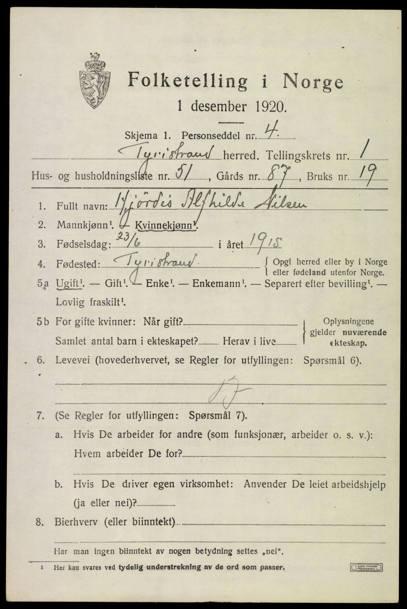 SAKO, 1920 census for Tyristrand, 1920, p. 1242