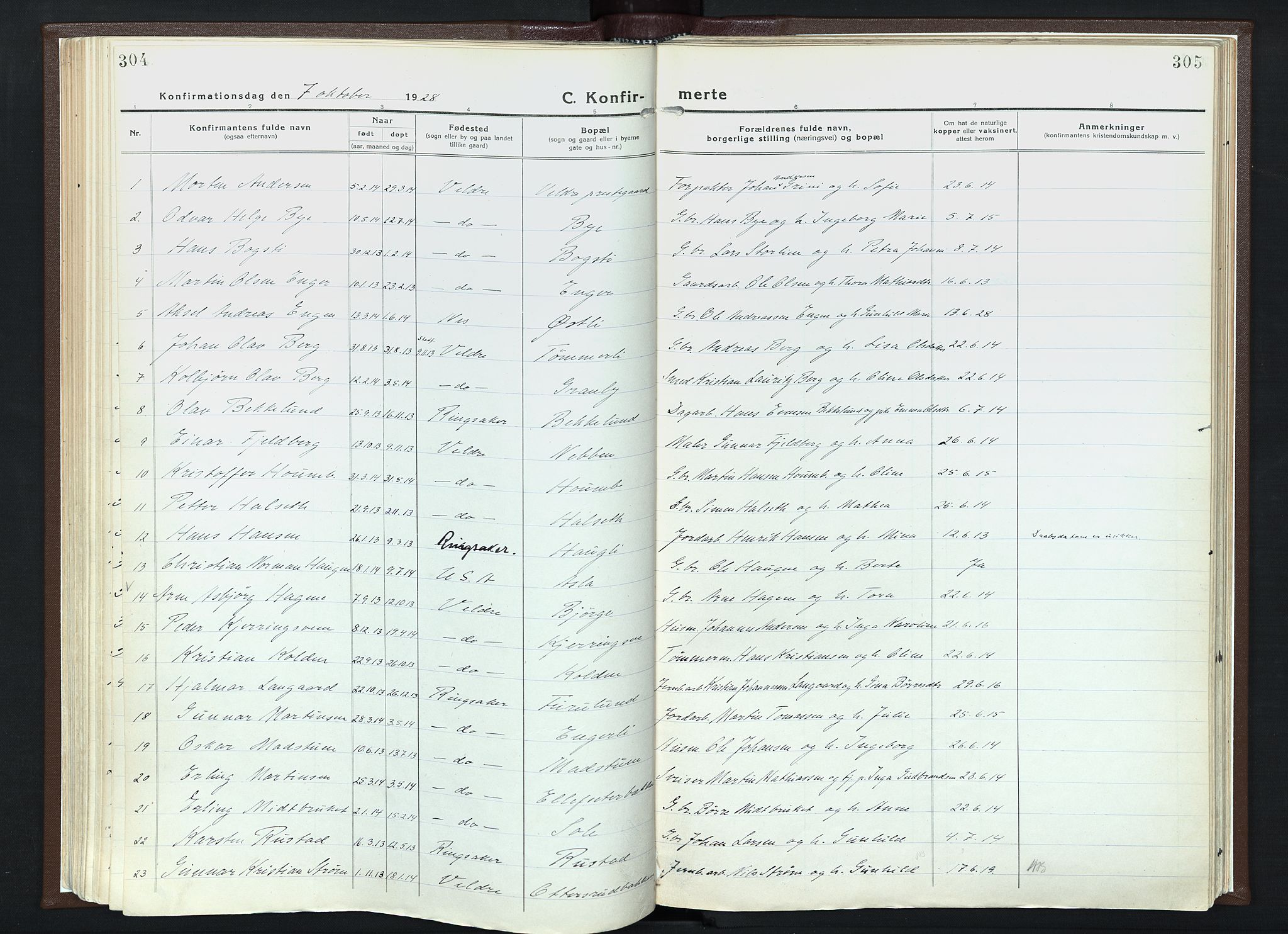 Veldre prestekontor, AV/SAH-PREST-018/K/Ka/L0001: Parish register (official) no. 1, 1921-1934, p. 304-305