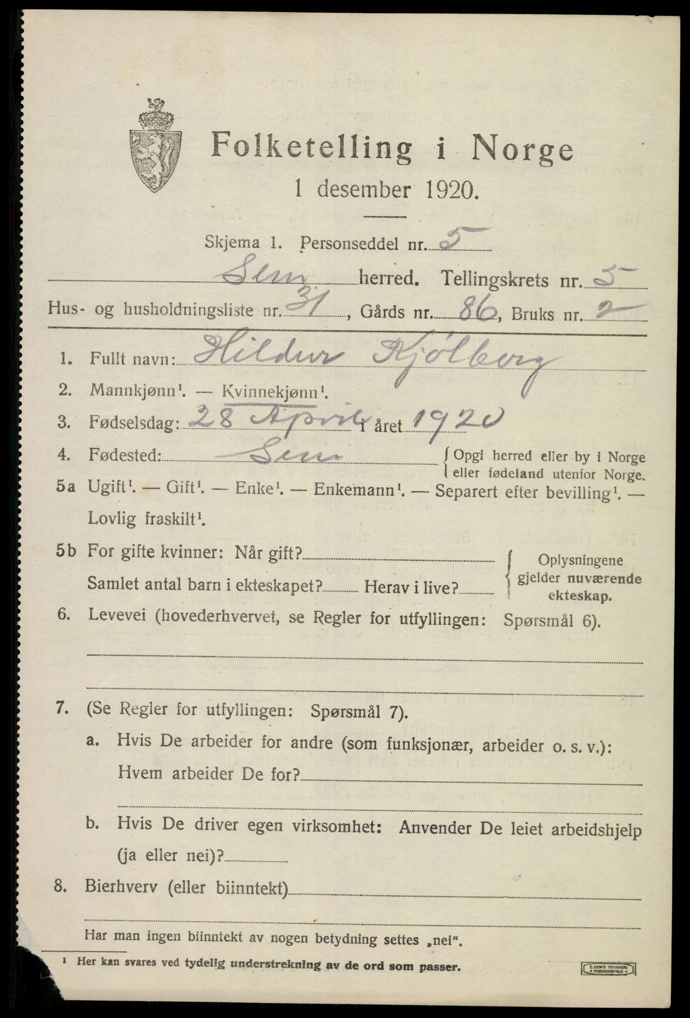 SAKO, 1920 census for Sem, 1920, p. 8141