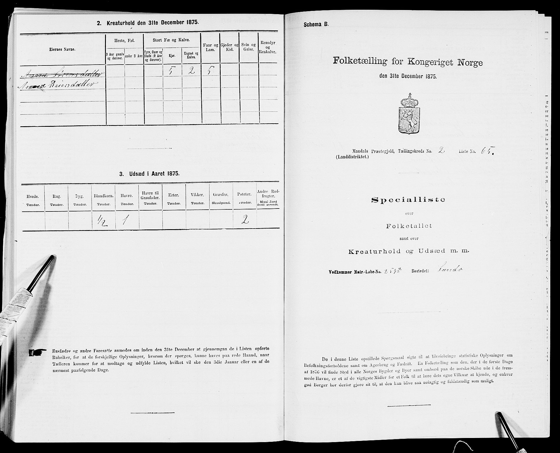 SAK, 1875 census for 1019L Mandal/Halse og Harkmark, 1875, p. 349